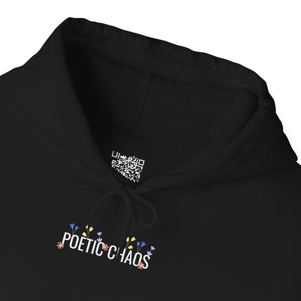 Poetic Chaos Hoodie — Small Chest white floral Logo & Sleeve Emblem