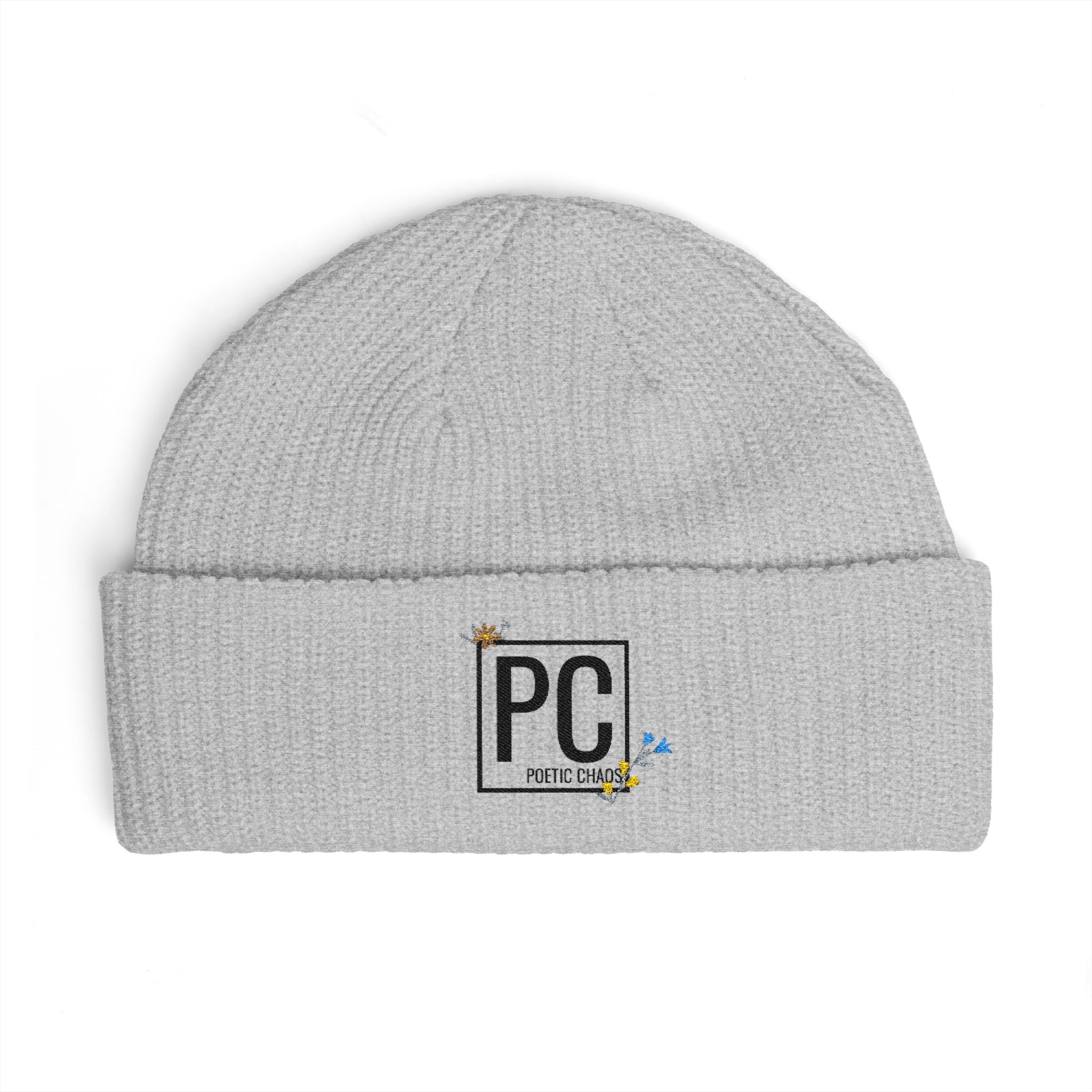 Cuff Beanie - 'PC' Logo Embroidered Knit Hat with Tiny Bee Accents