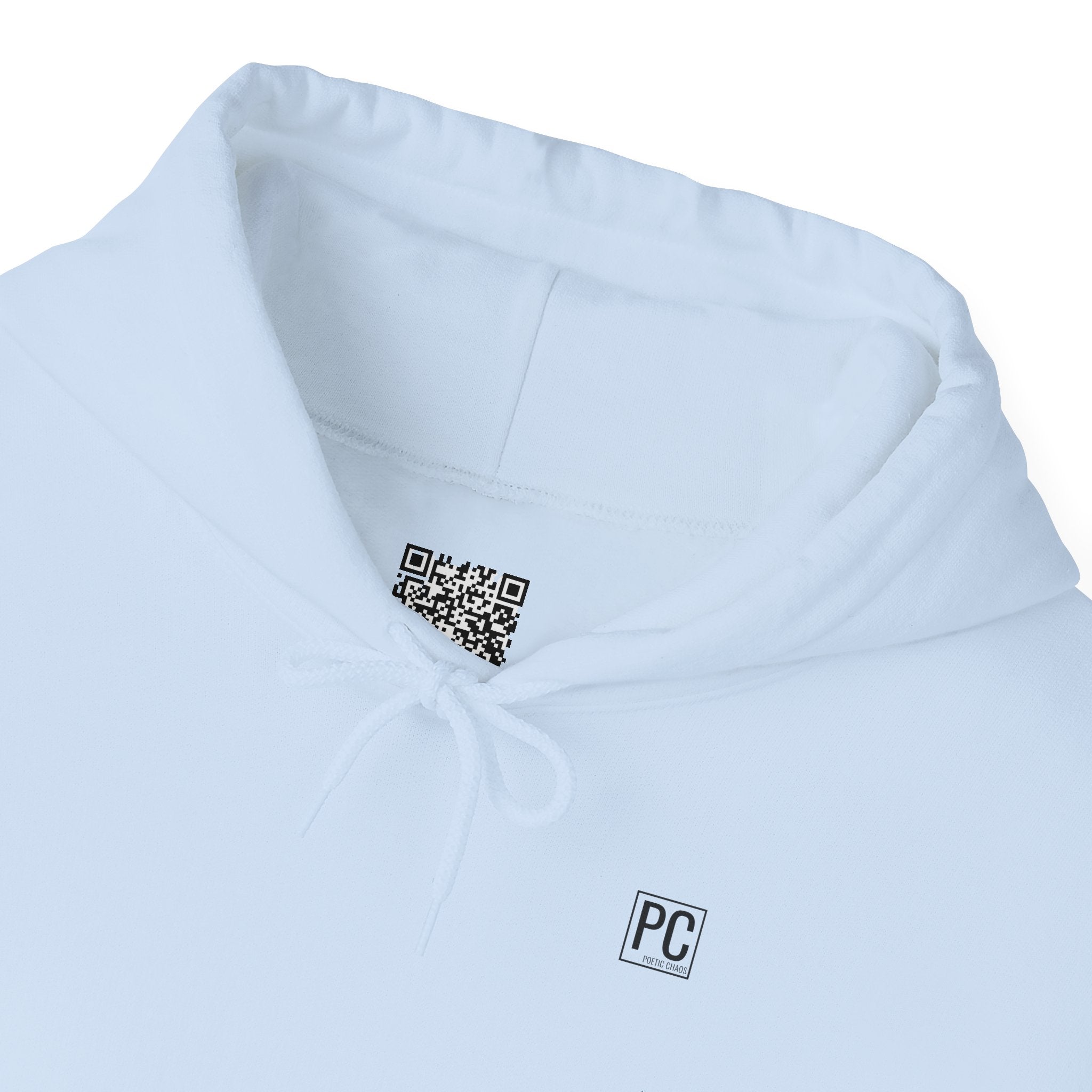 Poetic Chaos Hoodie — Minimal White Pullover with 'POETIC CHAOS' Sleeve Text