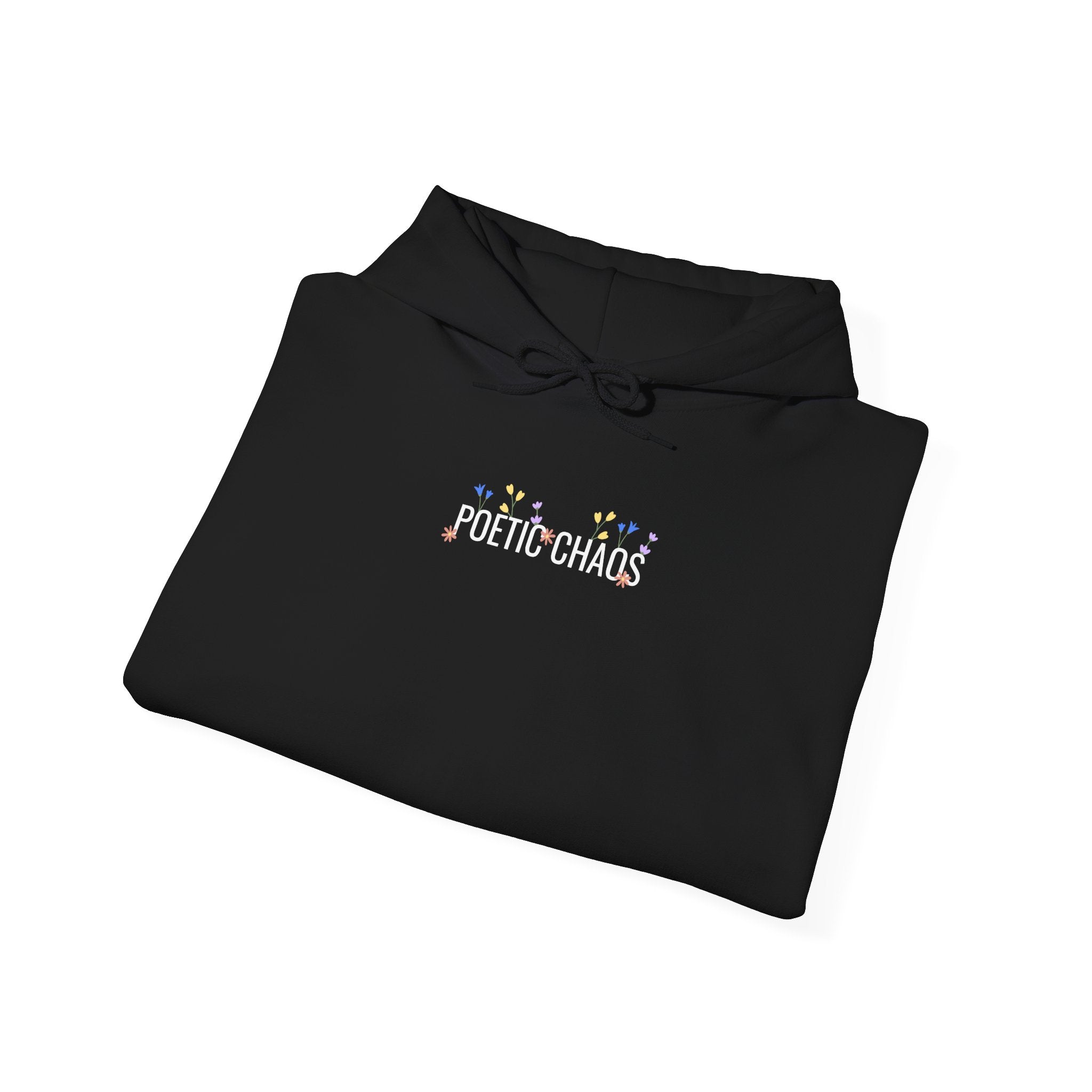 Poetic Chaos Hoodie — Small Chest white floral Logo & Sleeve Emblem