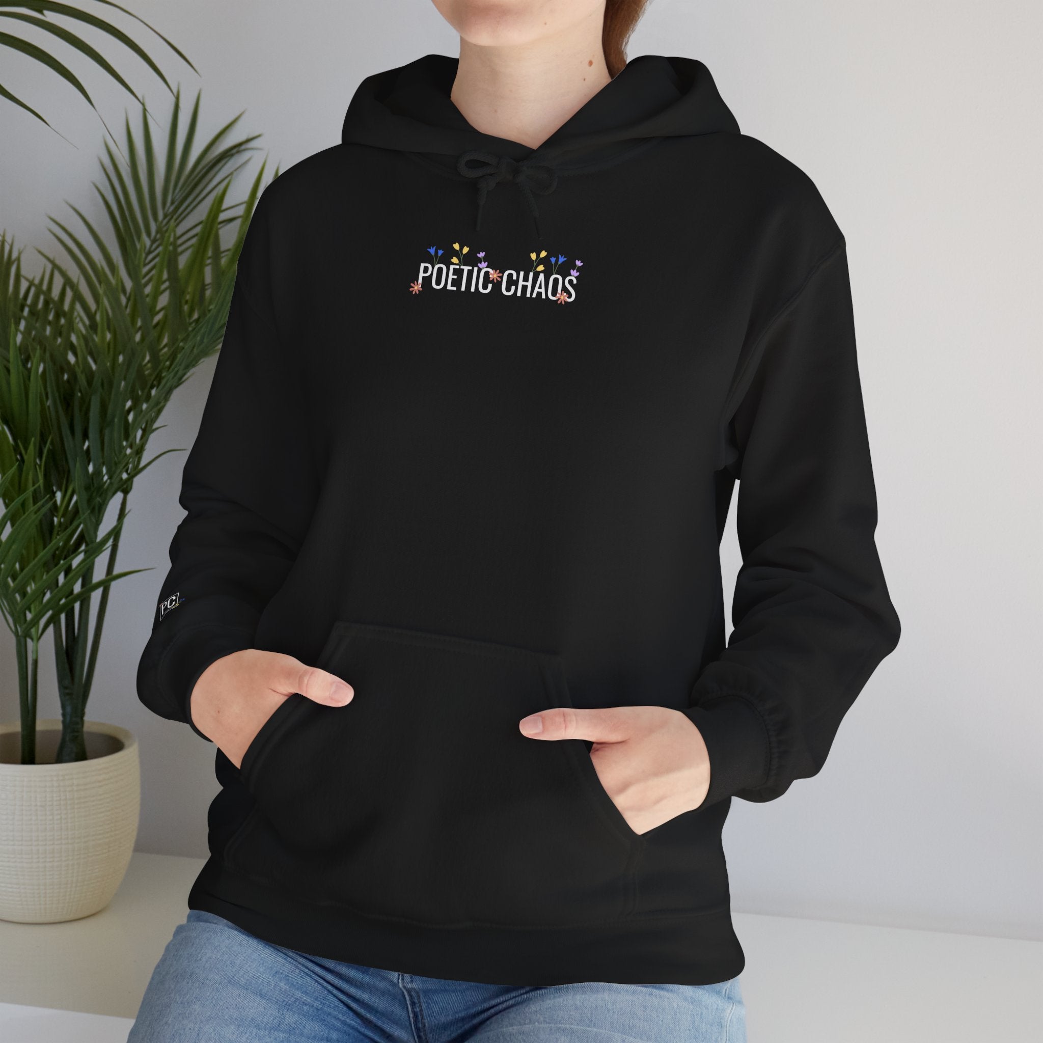 Poetic Chaos Hoodie — Small Chest white floral Logo & Sleeve Emblem