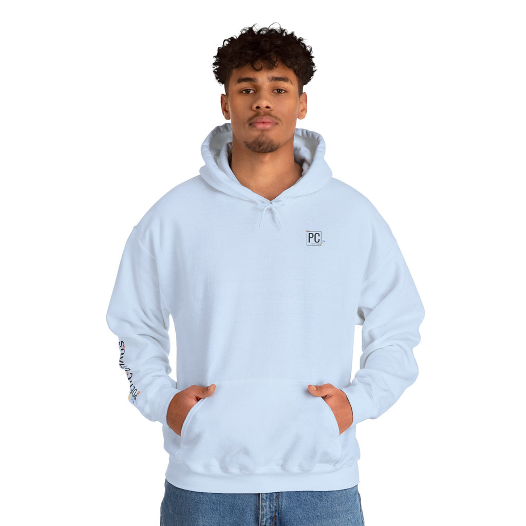 Poetic Chaos Sleeve Logo Hoodie — Minimal White Pullover with 'PC'floral logo