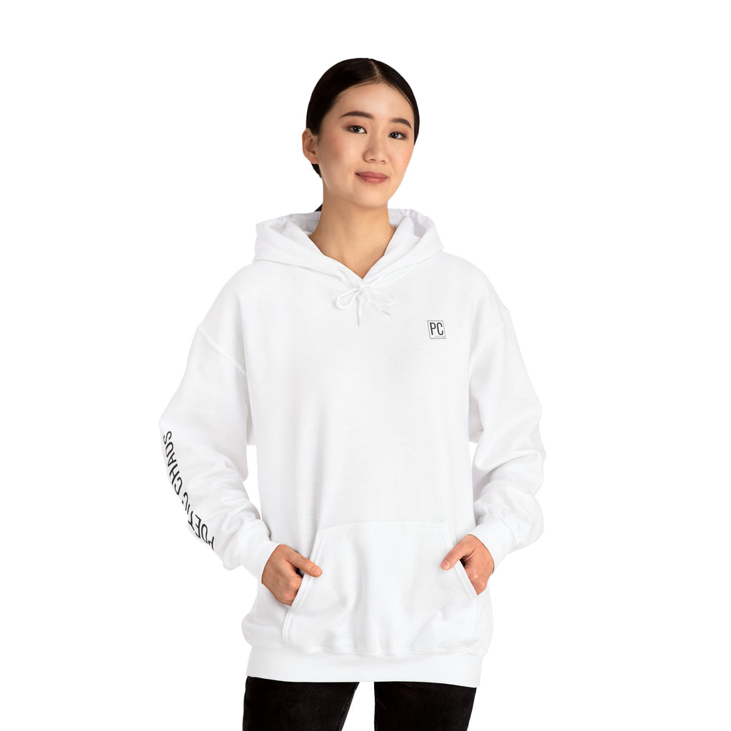 Poetic Chaos Hoodie — Minimal White Pullover with 'POETIC CHAOS' Sleeve Text
