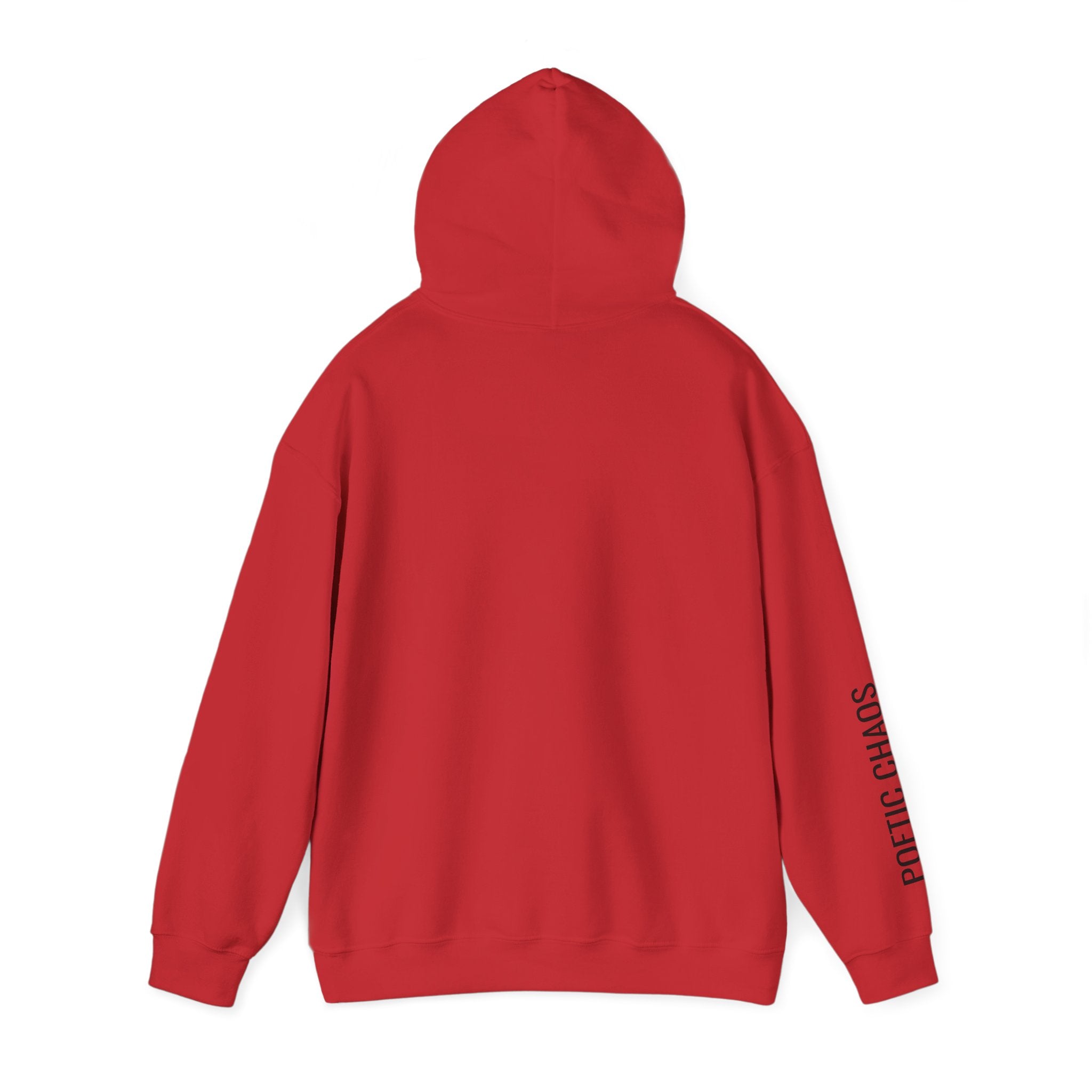 Poetic Chaos Hoodie — Minimal White Pullover with 'POETIC CHAOS' Sleeve Text