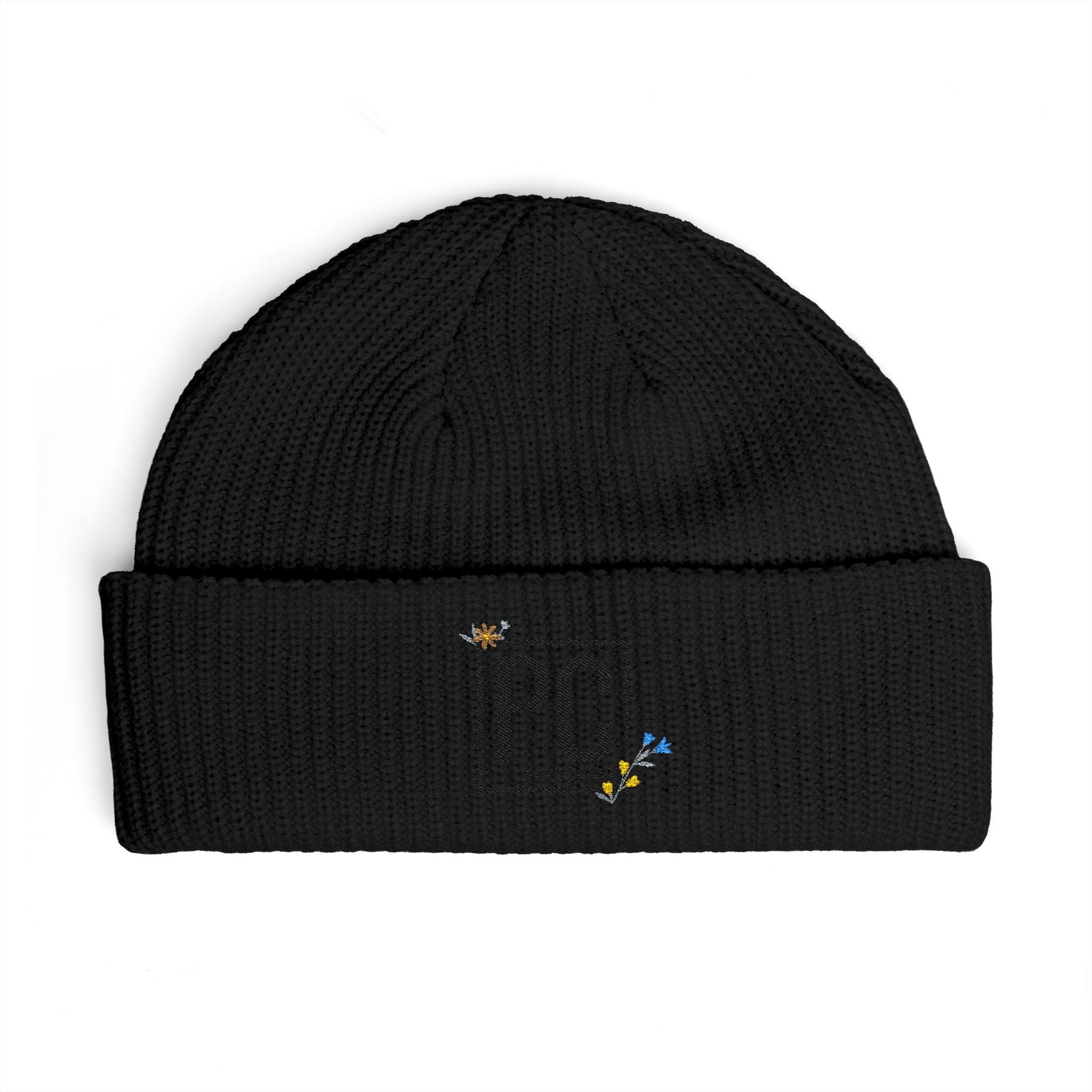 Cuff Beanie - 'PC' Logo Embroidered Knit Hat with Tiny Bee Accents