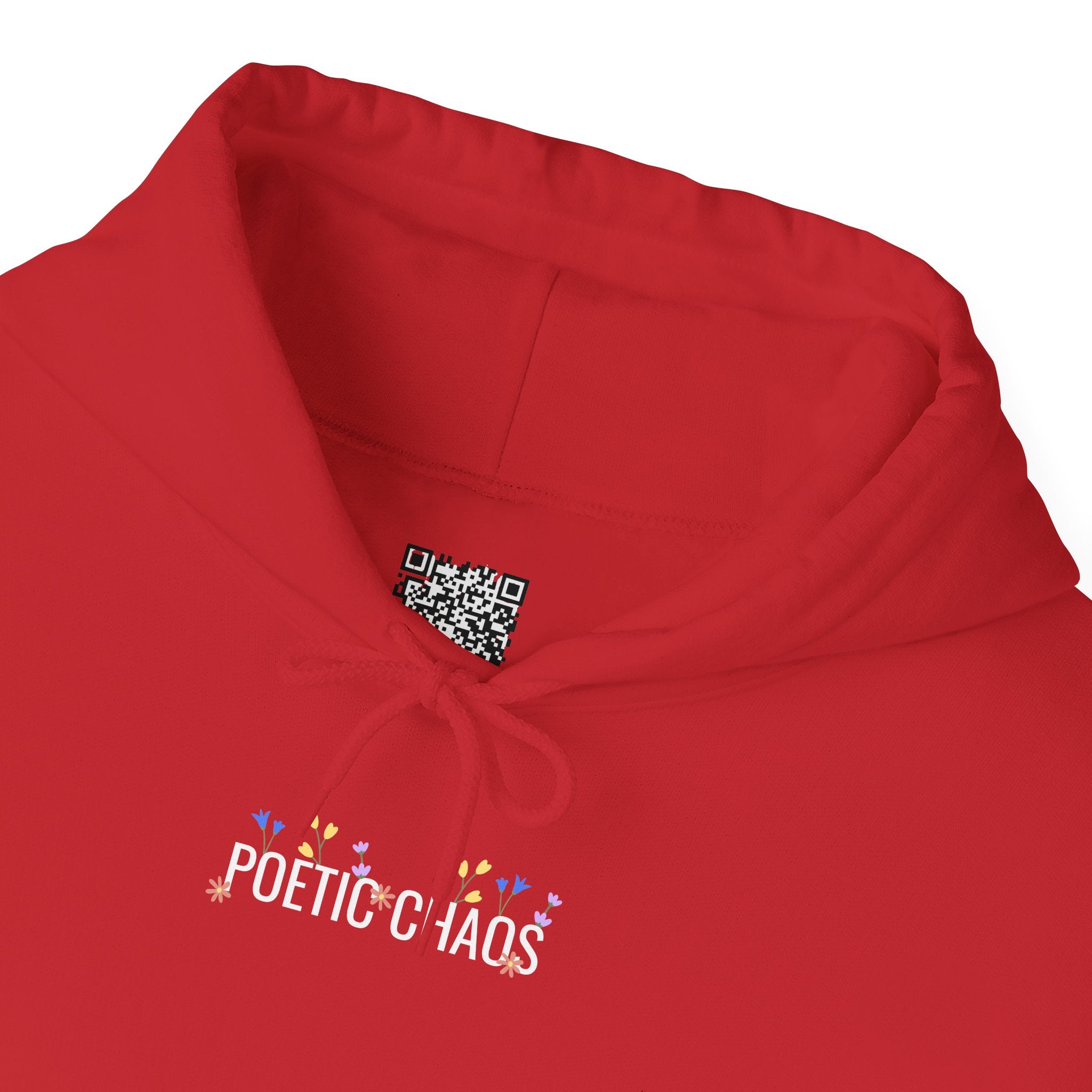 Poetic Chaos Hoodie — Small Chest white floral Logo & Sleeve Emblem