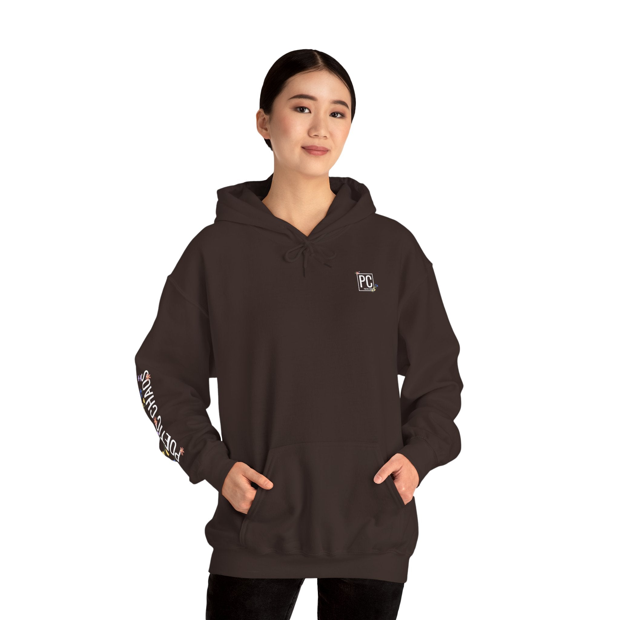 Poetic Chaos Sleeve Hoodie – Minimal white floral Logo Pullover