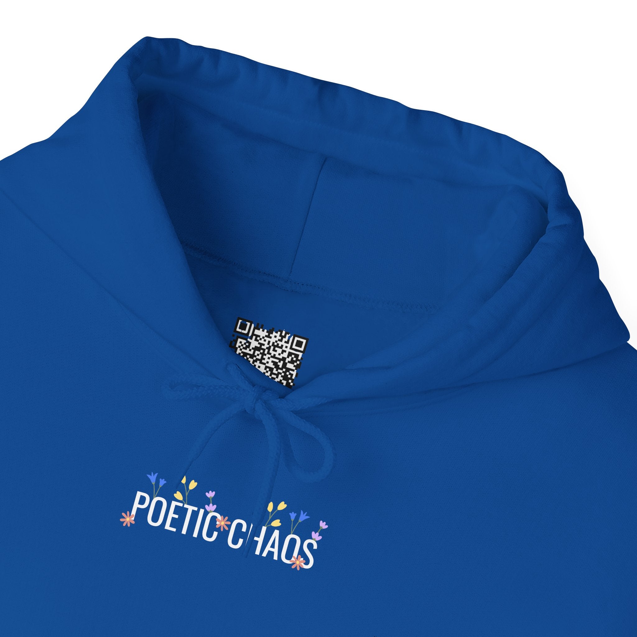 Poetic Chaos Hoodie — Small Chest white floral Logo & Sleeve Emblem