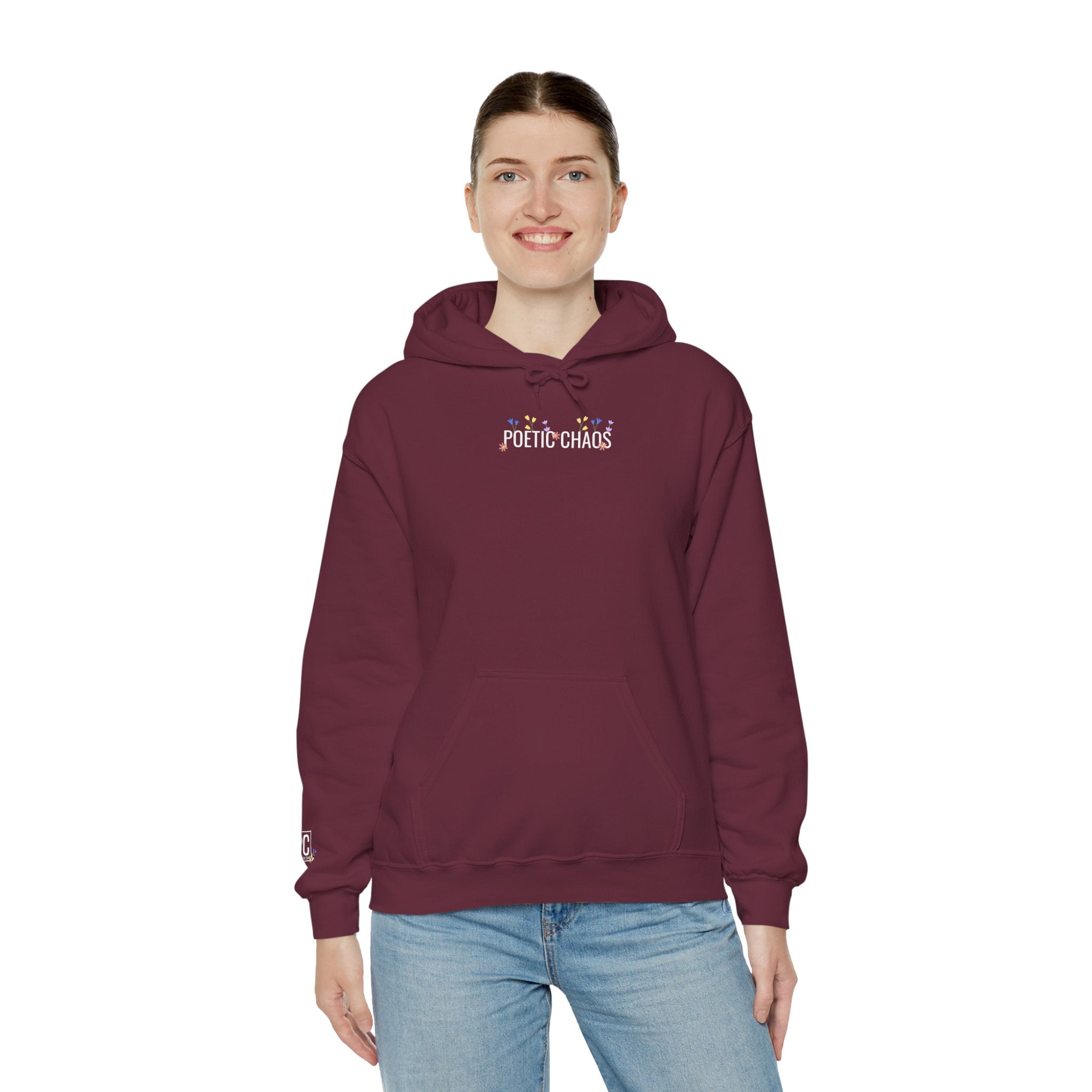 Poetic Chaos Hoodie — Small Chest white floral Logo & Sleeve Emblem