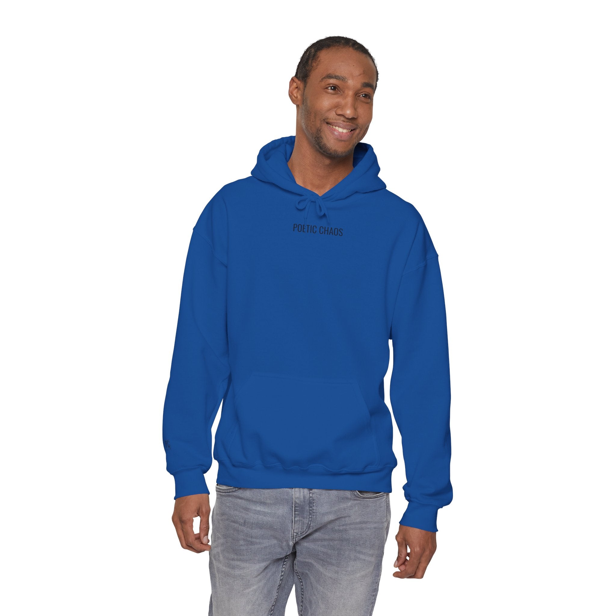 Poetic Chaos Minimalist Hoodie — Small Chest Text Pullover