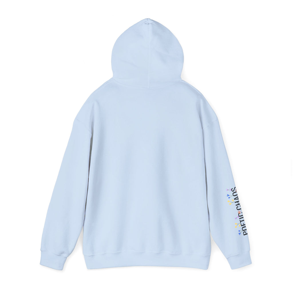 Poetic Chaos Sleeve Logo Hoodie — Minimal White Pullover with 'PC'floral logo