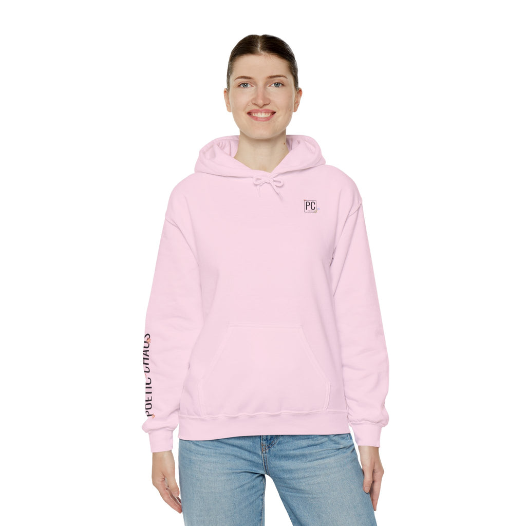 Poetic Chaos Sleeve Logo Hoodie — Minimal White Pullover with 'PC'floral logo