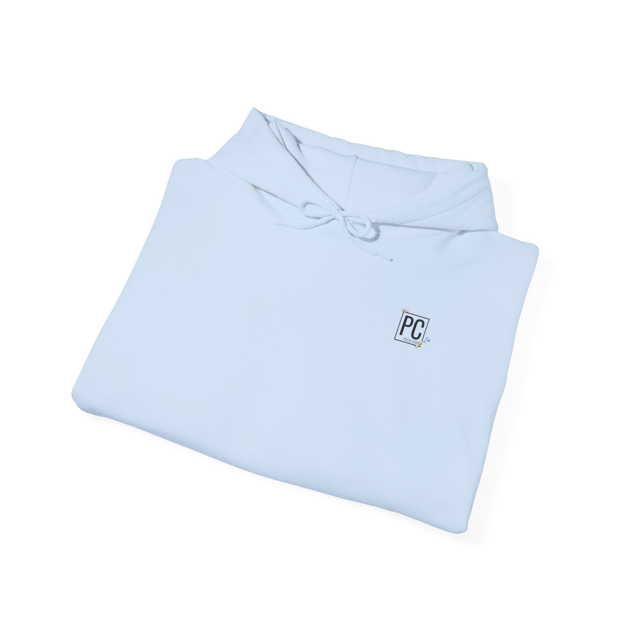 Poetic Chaos Sleeve Logo Hoodie — Minimal White Pullover with 'PC'floral logo