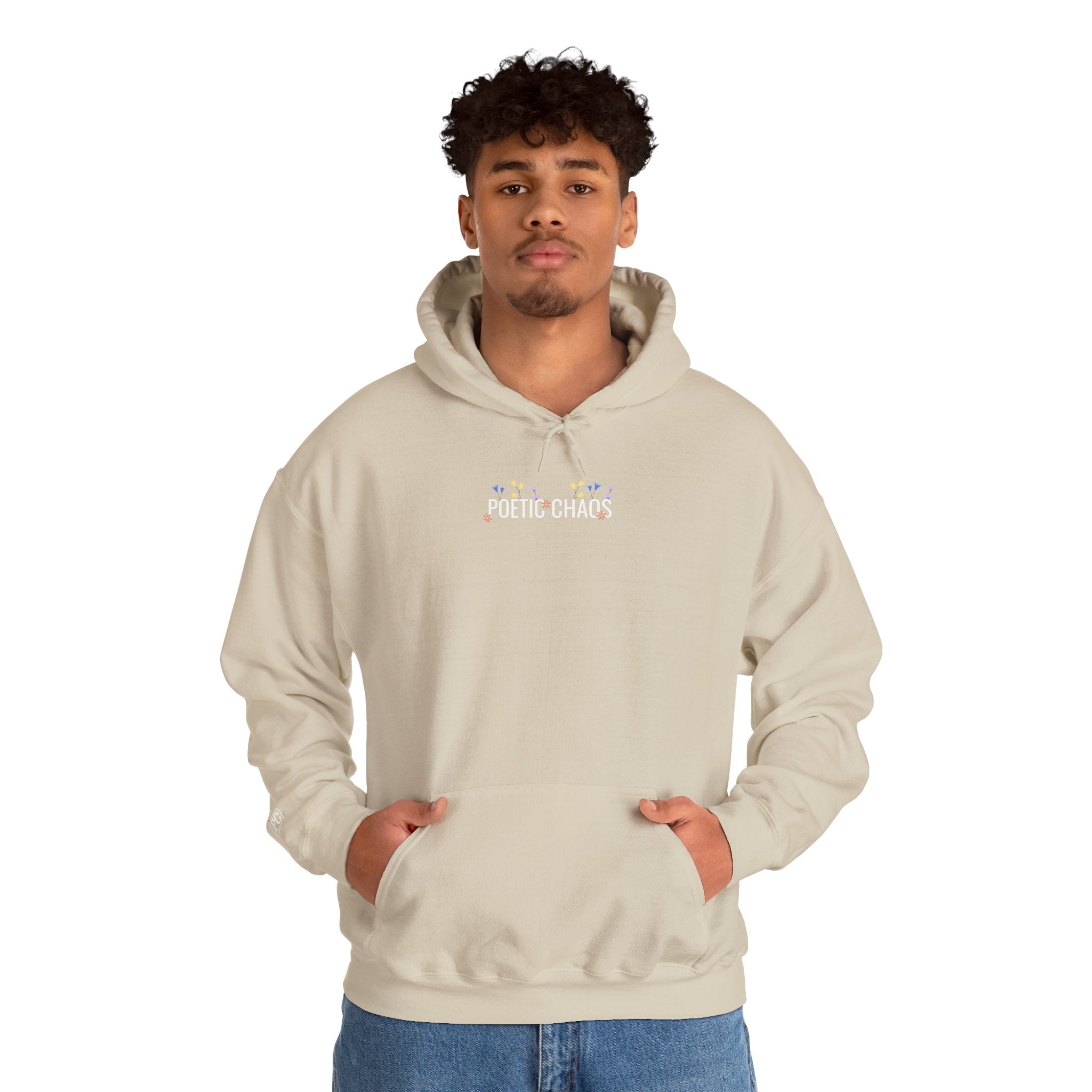 Poetic Chaos Hoodie — Small Chest white floral Logo & Sleeve Emblem