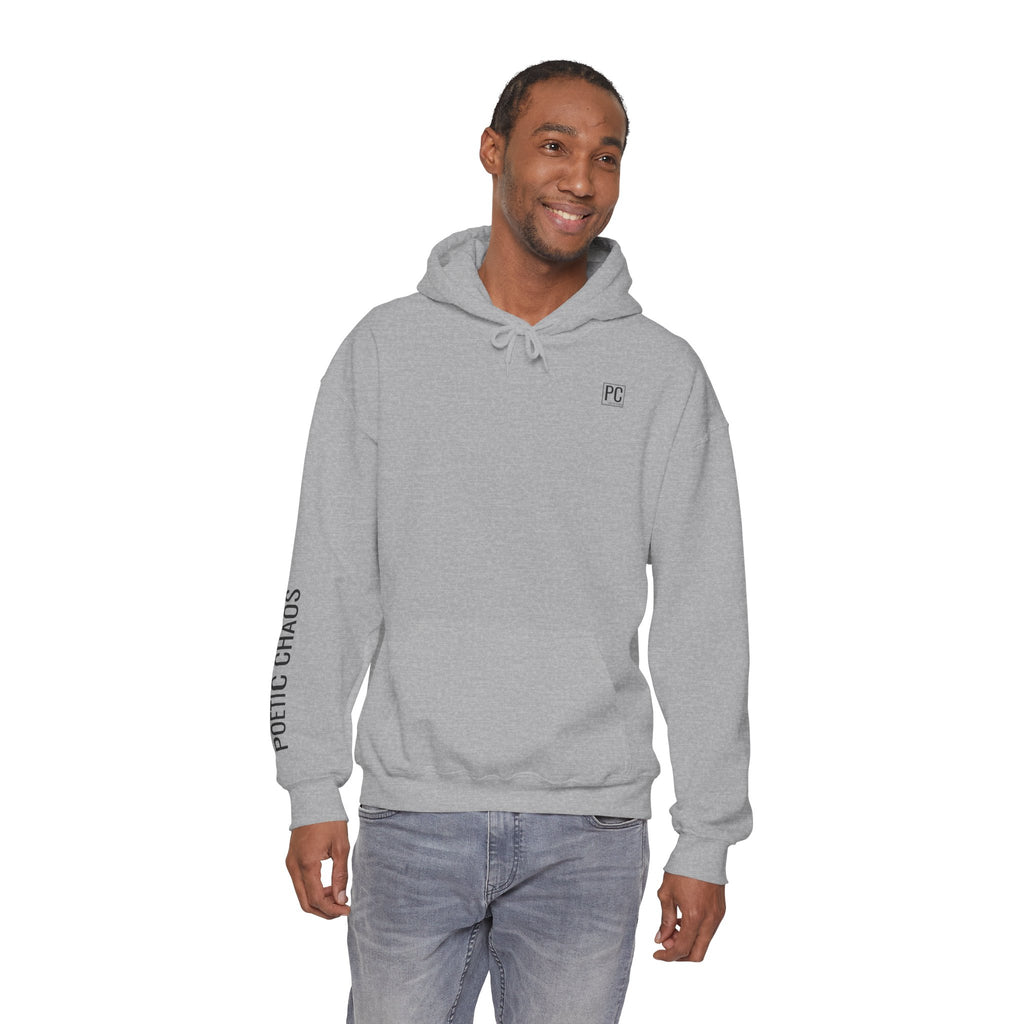 Poetic Chaos Hoodie — Minimal White Pullover with 'POETIC CHAOS' Sleeve Text