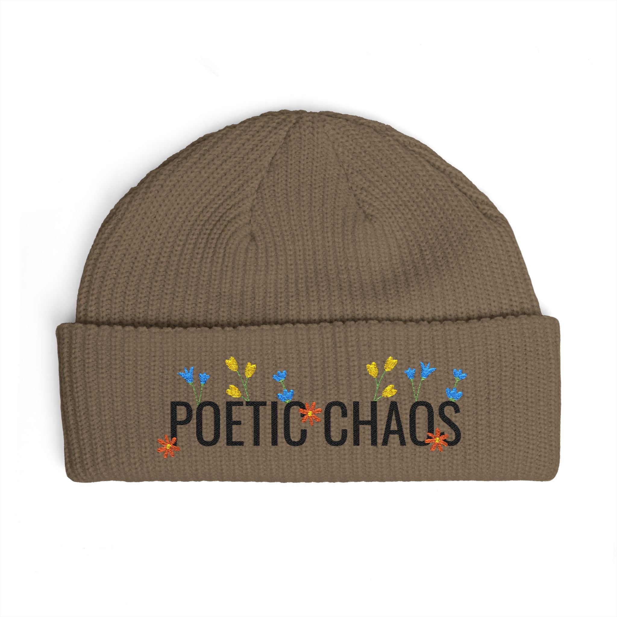 Poetic Chaos Embroidered Cuff Beanie - Floral Knit Winter Hat