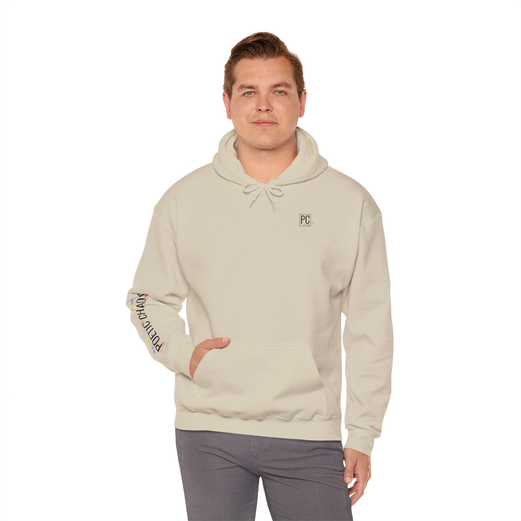 Poetic Chaos Sleeve Logo Hoodie — Minimal White Pullover with 'PC'floral logo