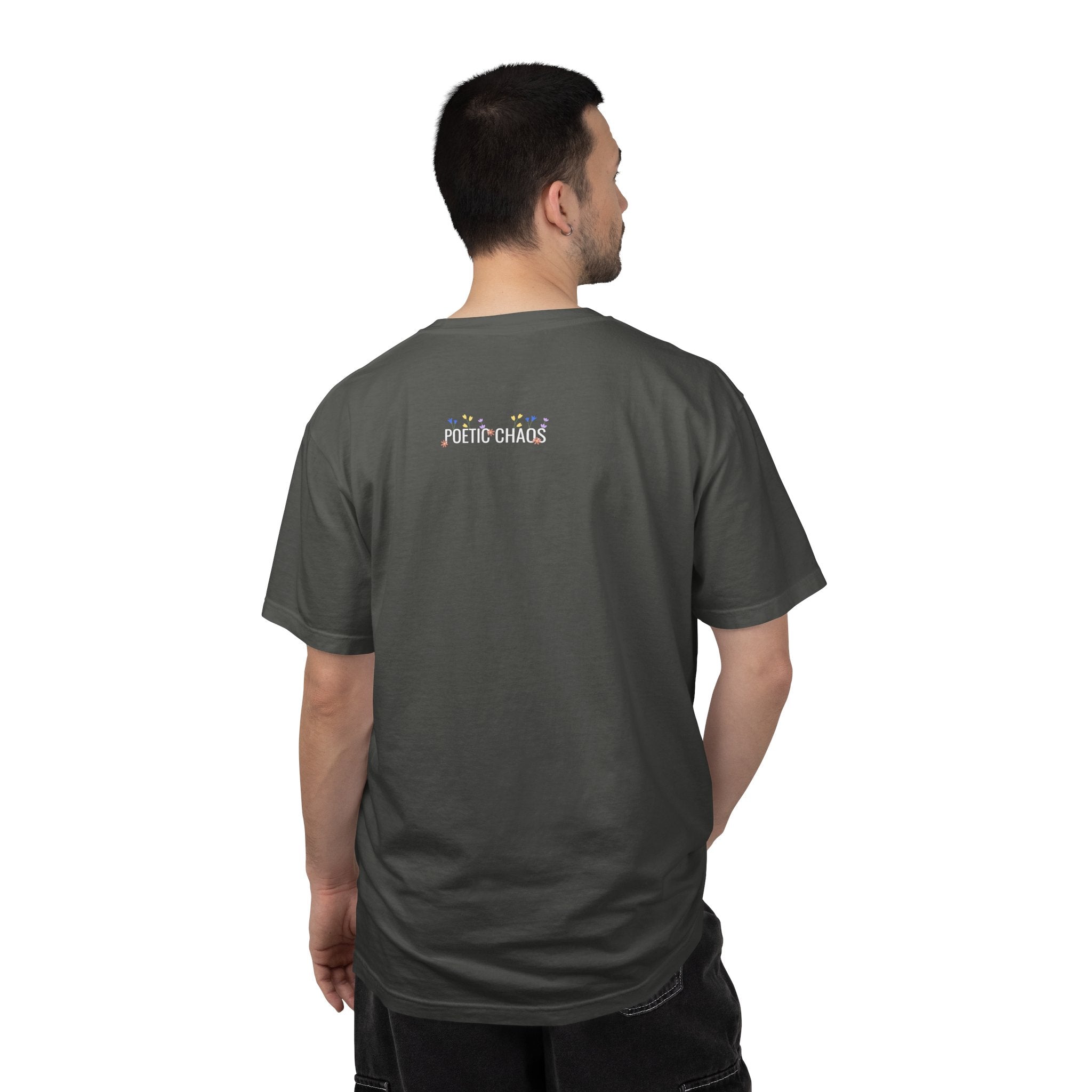 poetic chaos minimal t-shirt floral white logo label