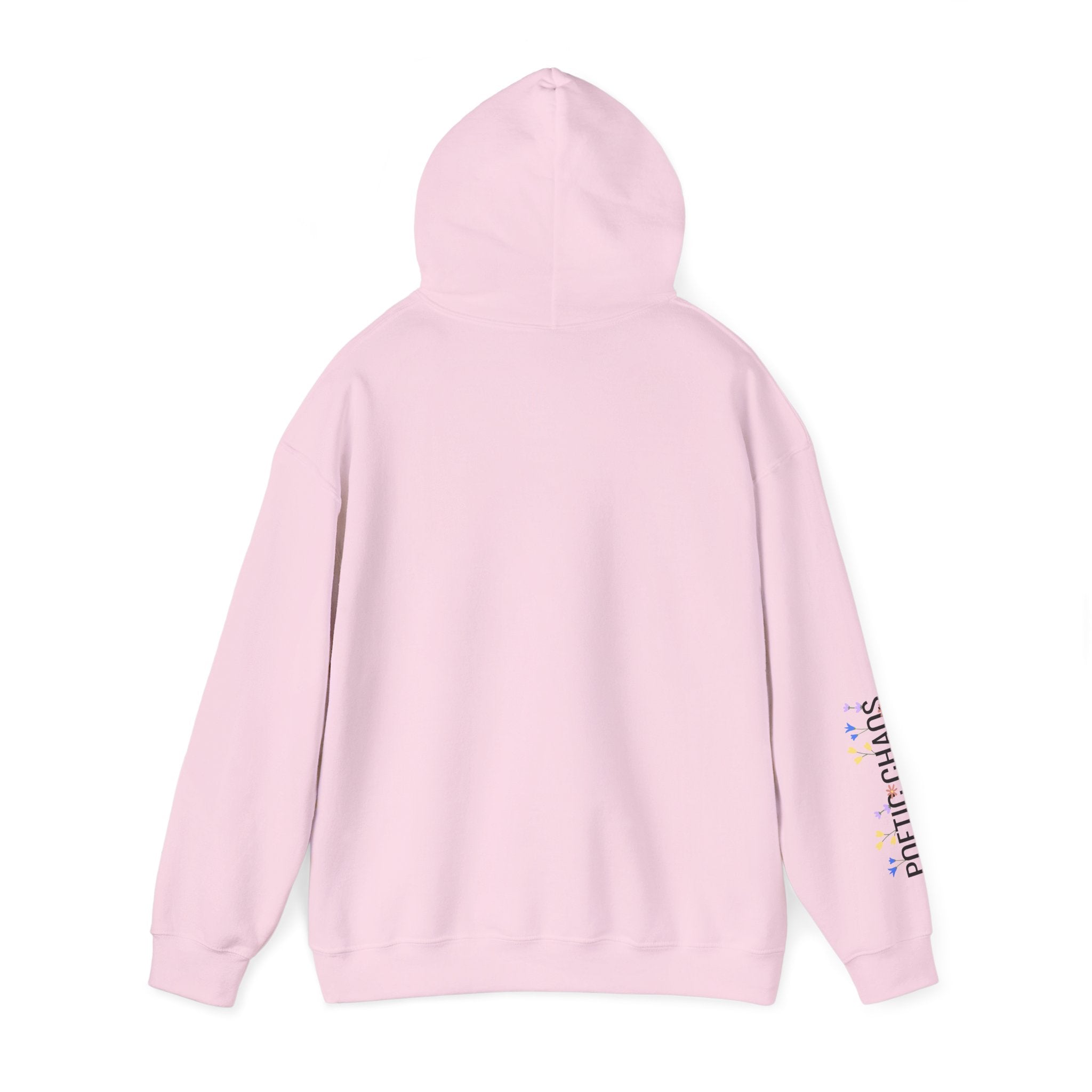 Poetic Chaos Sleeve Logo Hoodie — Minimal White Pullover with 'PC'floral logo