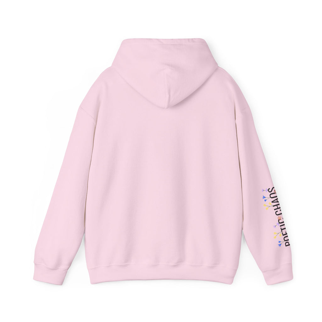 Poetic Chaos Sleeve Logo Hoodie — Minimal White Pullover with 'PC'floral logo