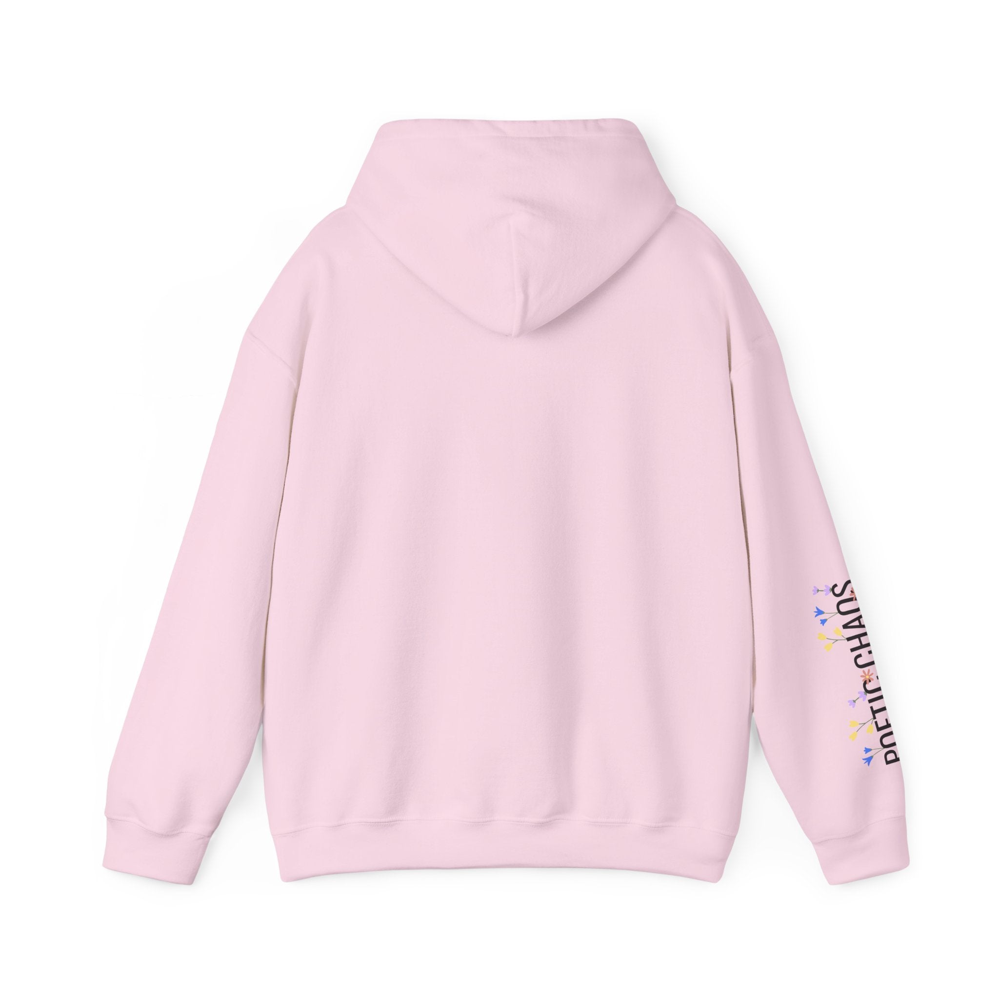 Poetic Chaos Sleeve Logo Hoodie — Minimal White Pullover with 'PC'floral logo