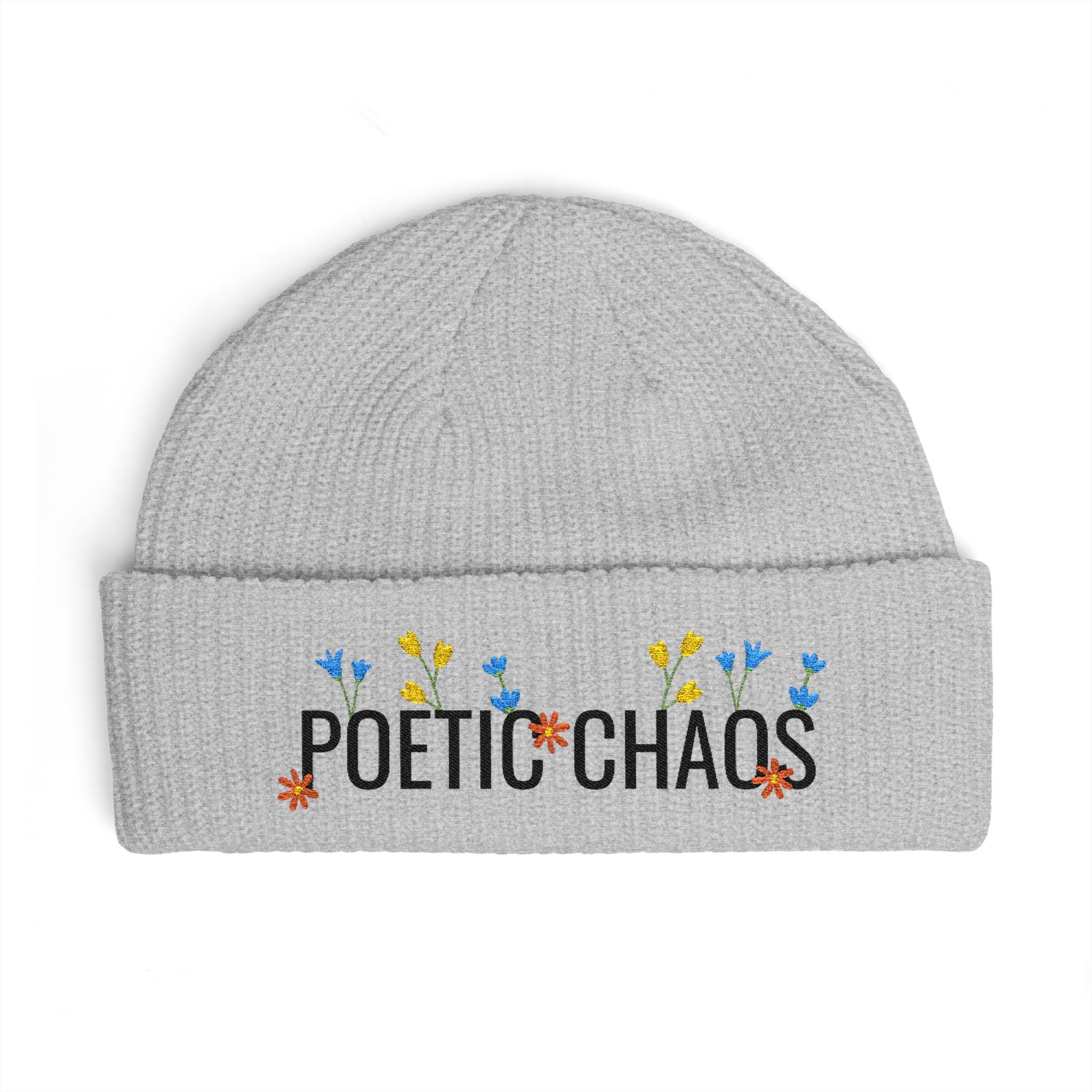 Poetic Chaos Embroidered Cuff Beanie - Floral Knit Winter Hat