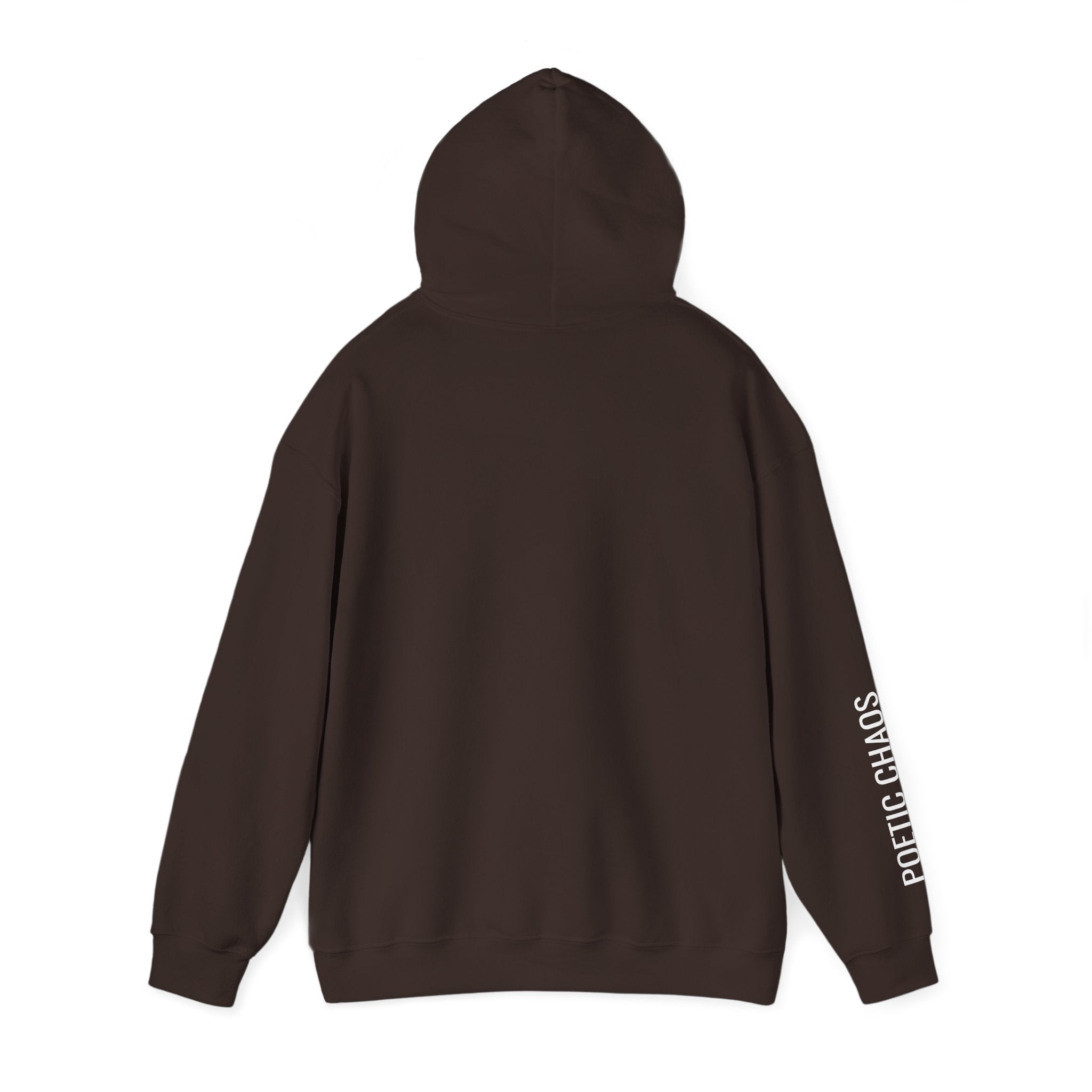 Poetic Chaos Hoodie — Minimal white PC Logo Black Pullover with 'Poetic Chaos' Sleeve