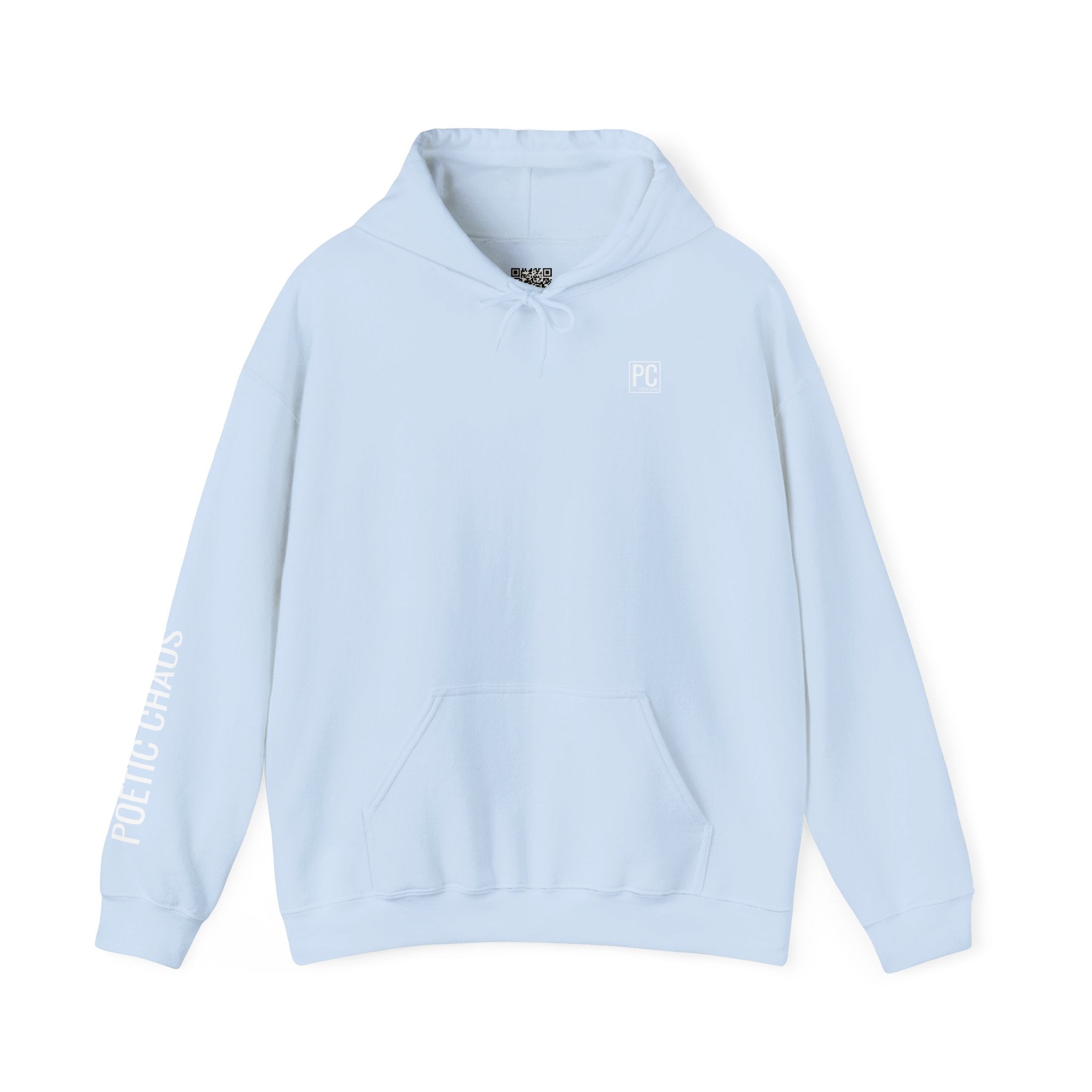 Poetic Chaos Hoodie — Minimal white PC Logo Black Pullover with 'Poetic Chaos' Sleeve
