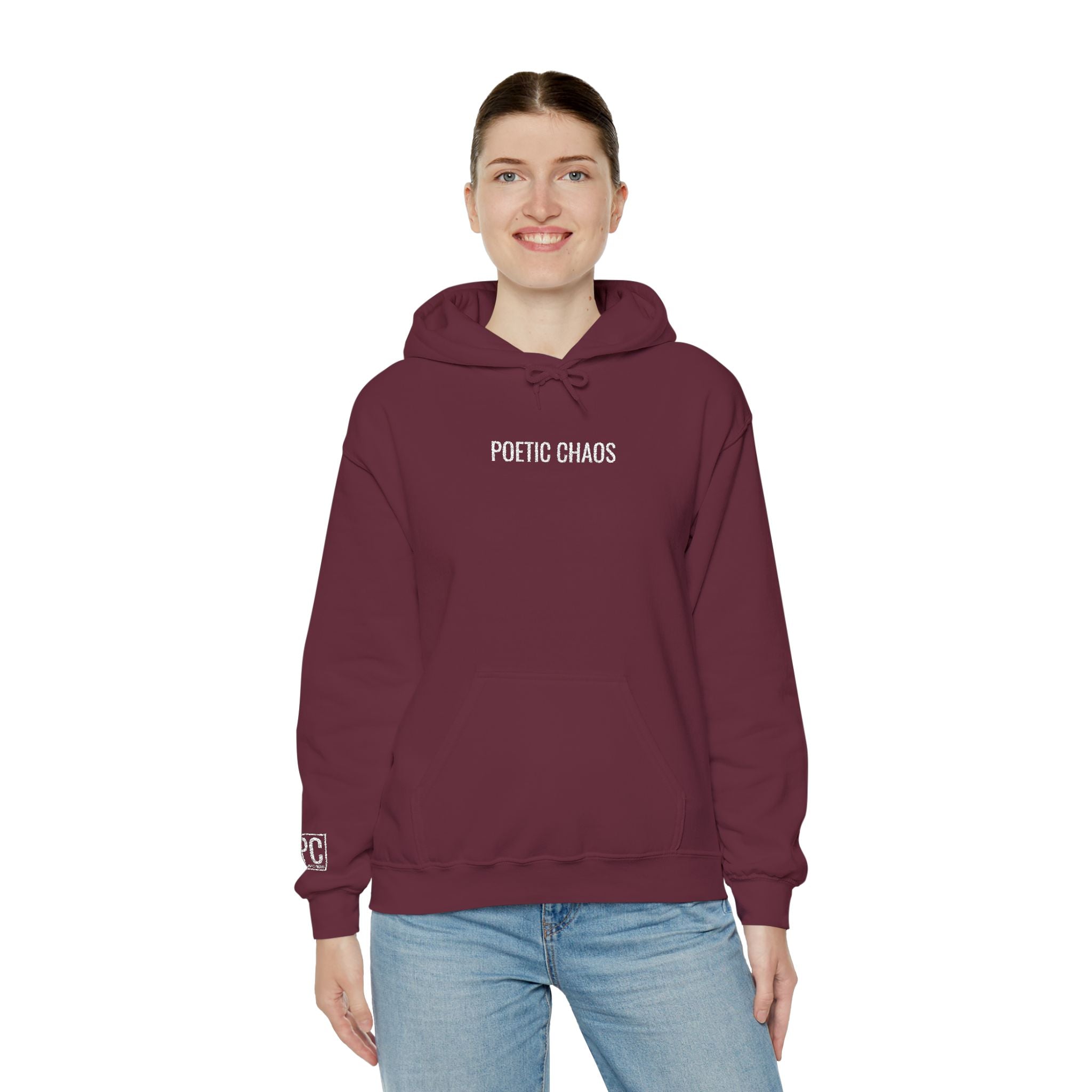 Poetic Chaos embroided white logo hoodie