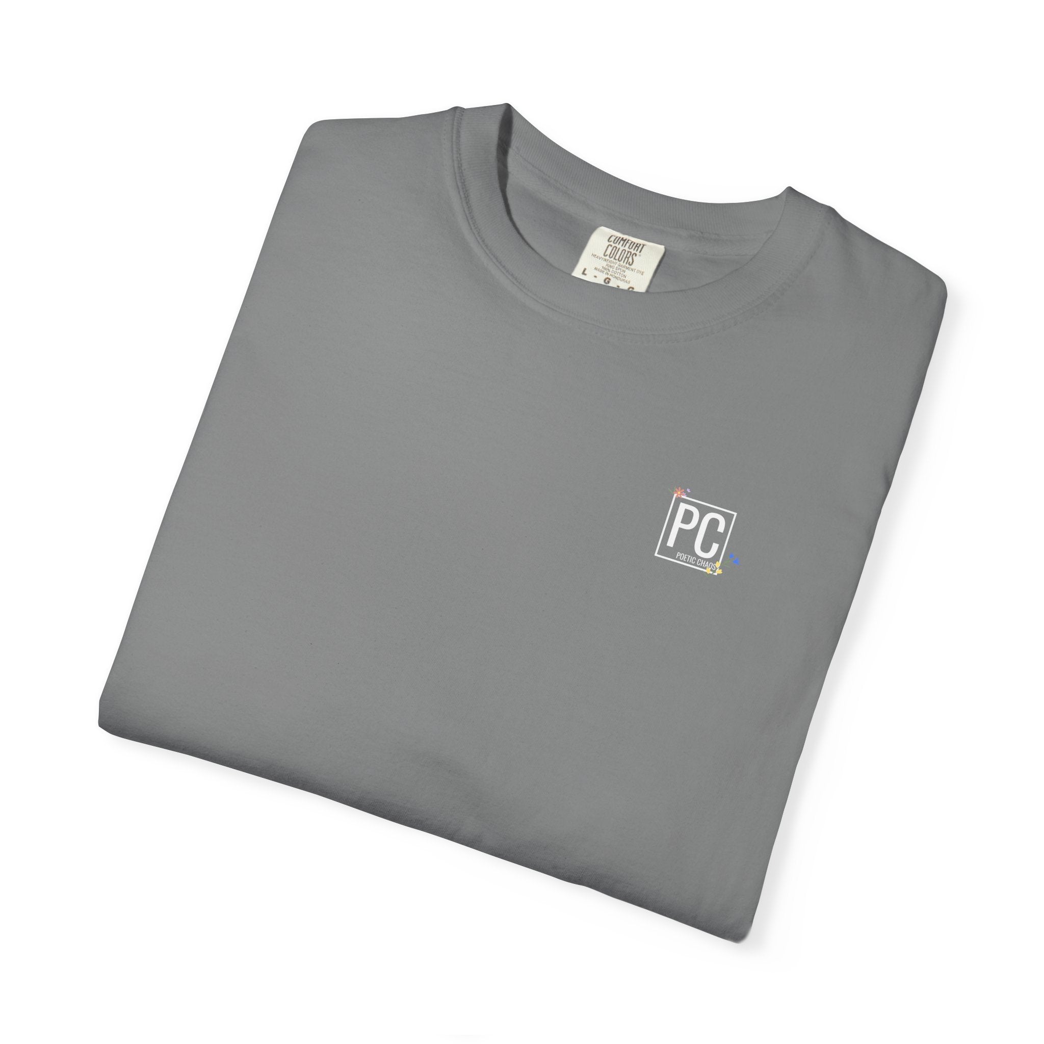 poetic chaos minimal t-shirt floral white logo label