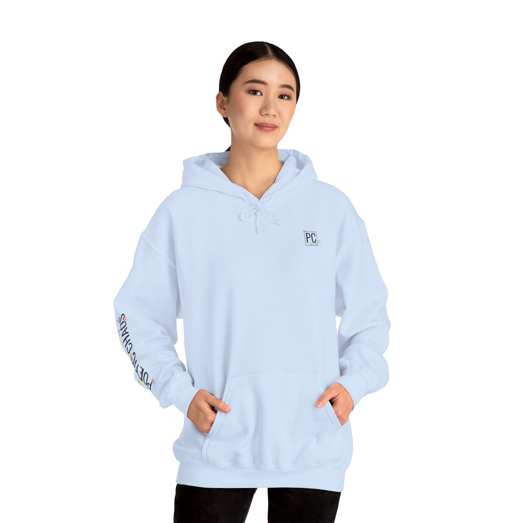Poetic Chaos Sleeve Logo Hoodie — Minimal White Pullover with 'PC'floral logo