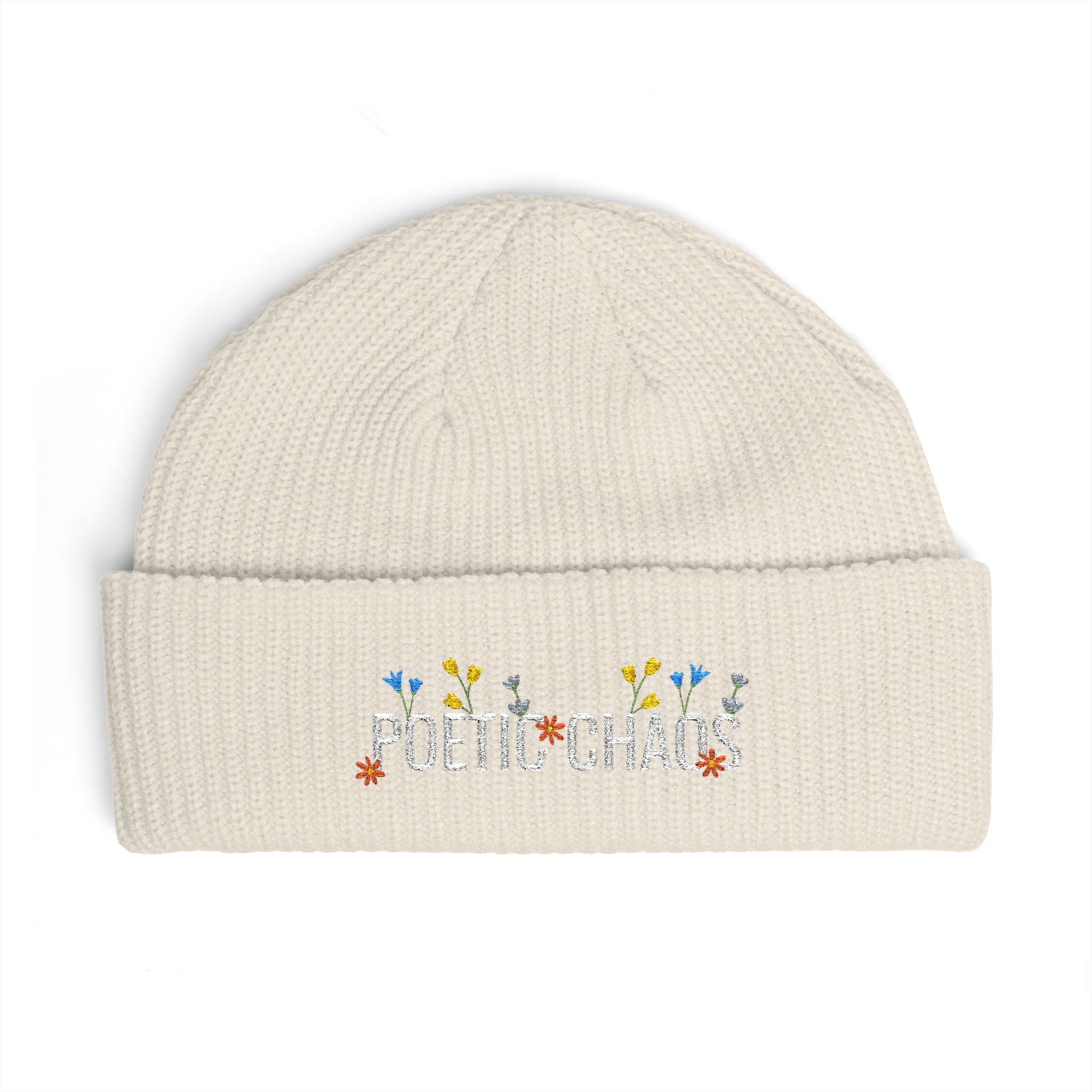 Poetic Chaos Cuff Beanie – Embroidered Floral white logo Knit Hat