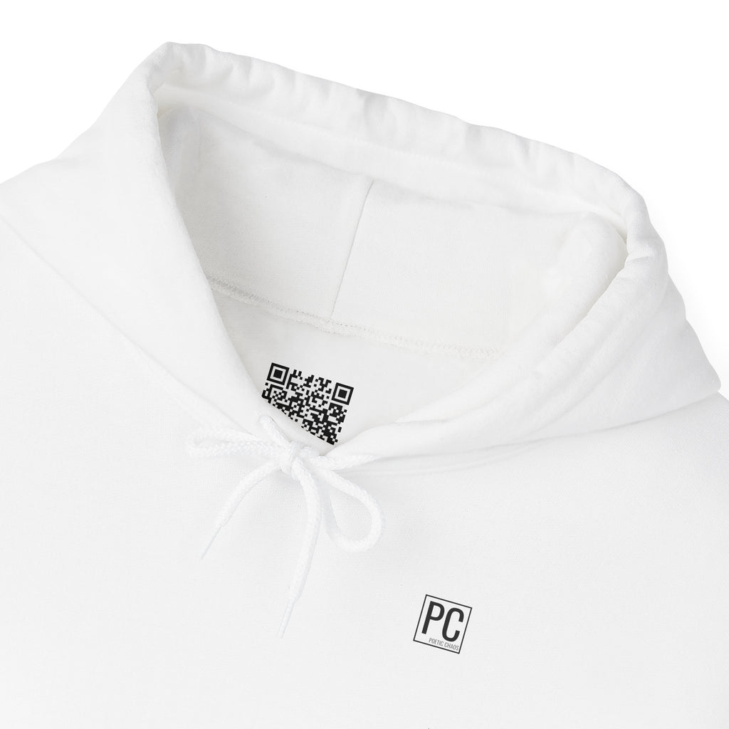 Poetic Chaos Hoodie — Minimal White Pullover with 'POETIC CHAOS' Sleeve Text