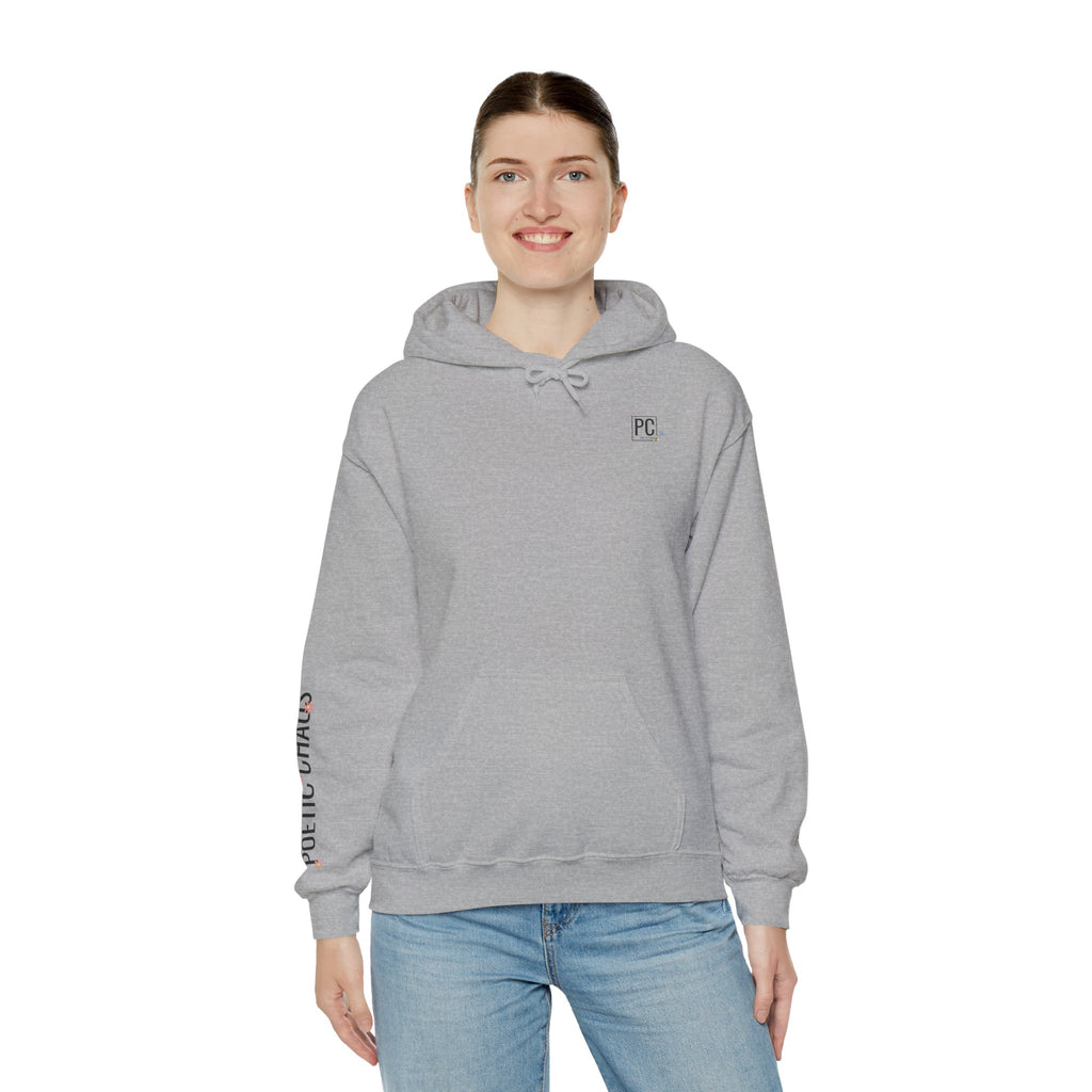 Poetic Chaos Sleeve Logo Hoodie — Minimal White Pullover with 'PC'floral logo