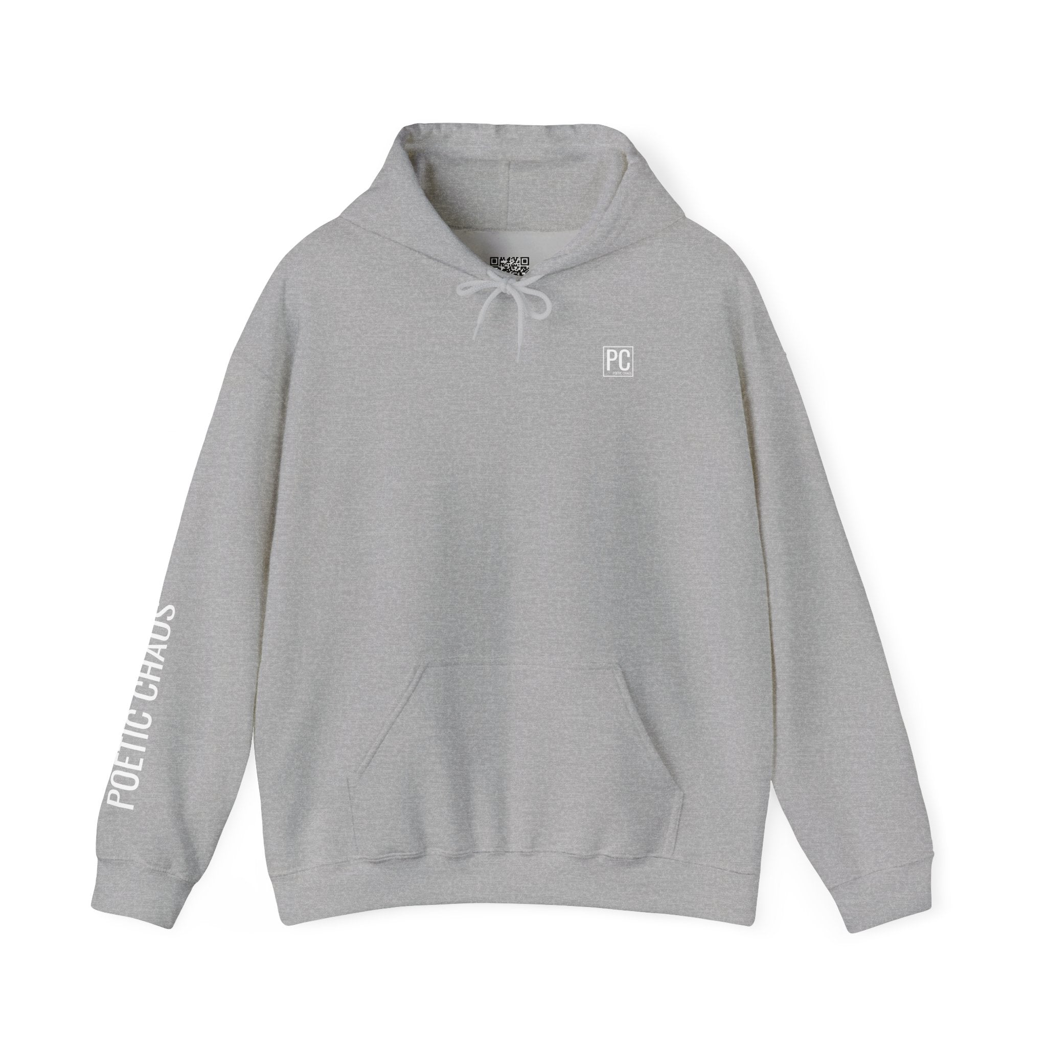 Poetic Chaos Hoodie — Minimal white PC Logo Black Pullover with 'Poetic Chaos' Sleeve
