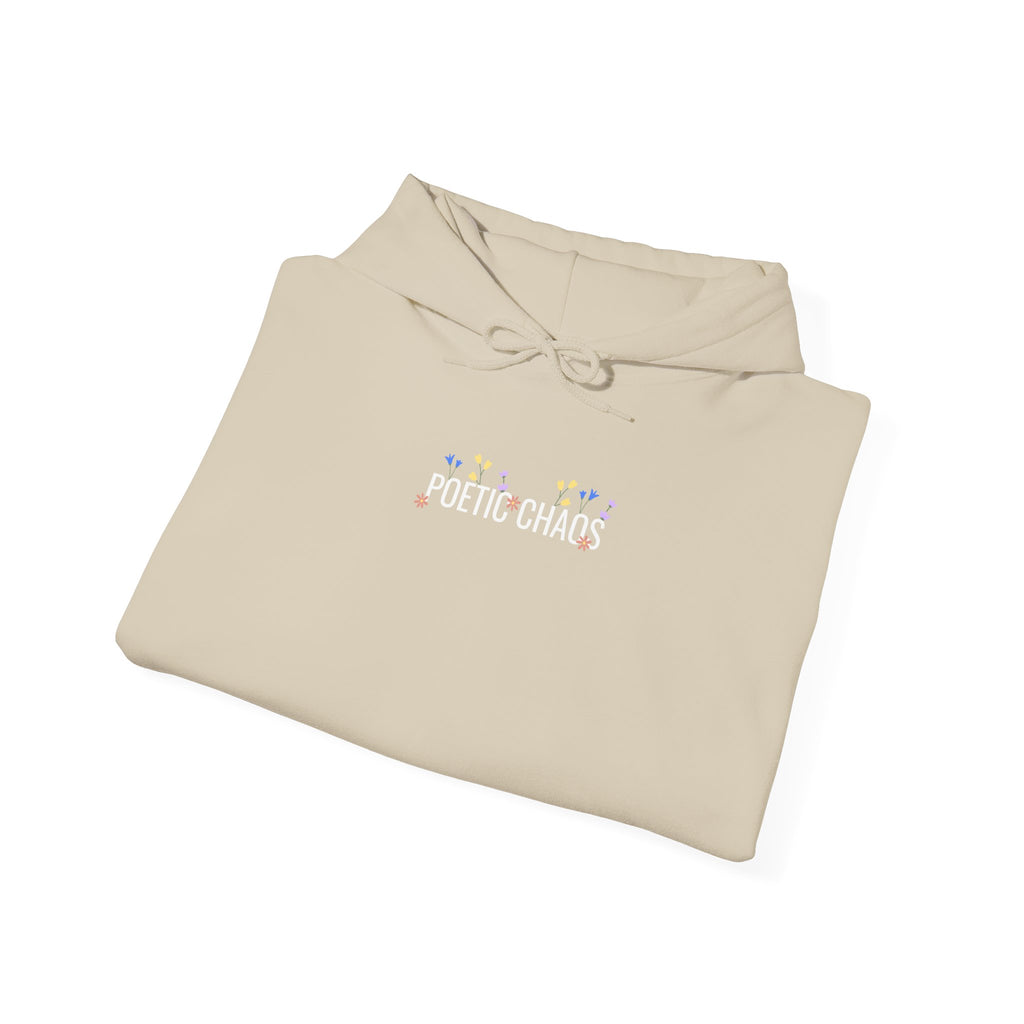 Poetic Chaos Hoodie — Small Chest white floral Logo & Sleeve Emblem