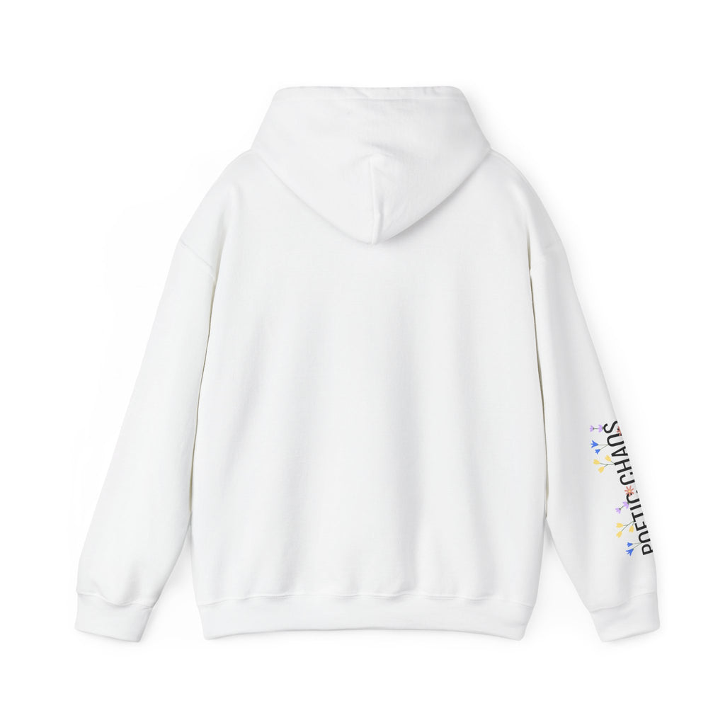 Poetic Chaos Sleeve Logo Hoodie — Minimal White Pullover with 'PC'floral logo