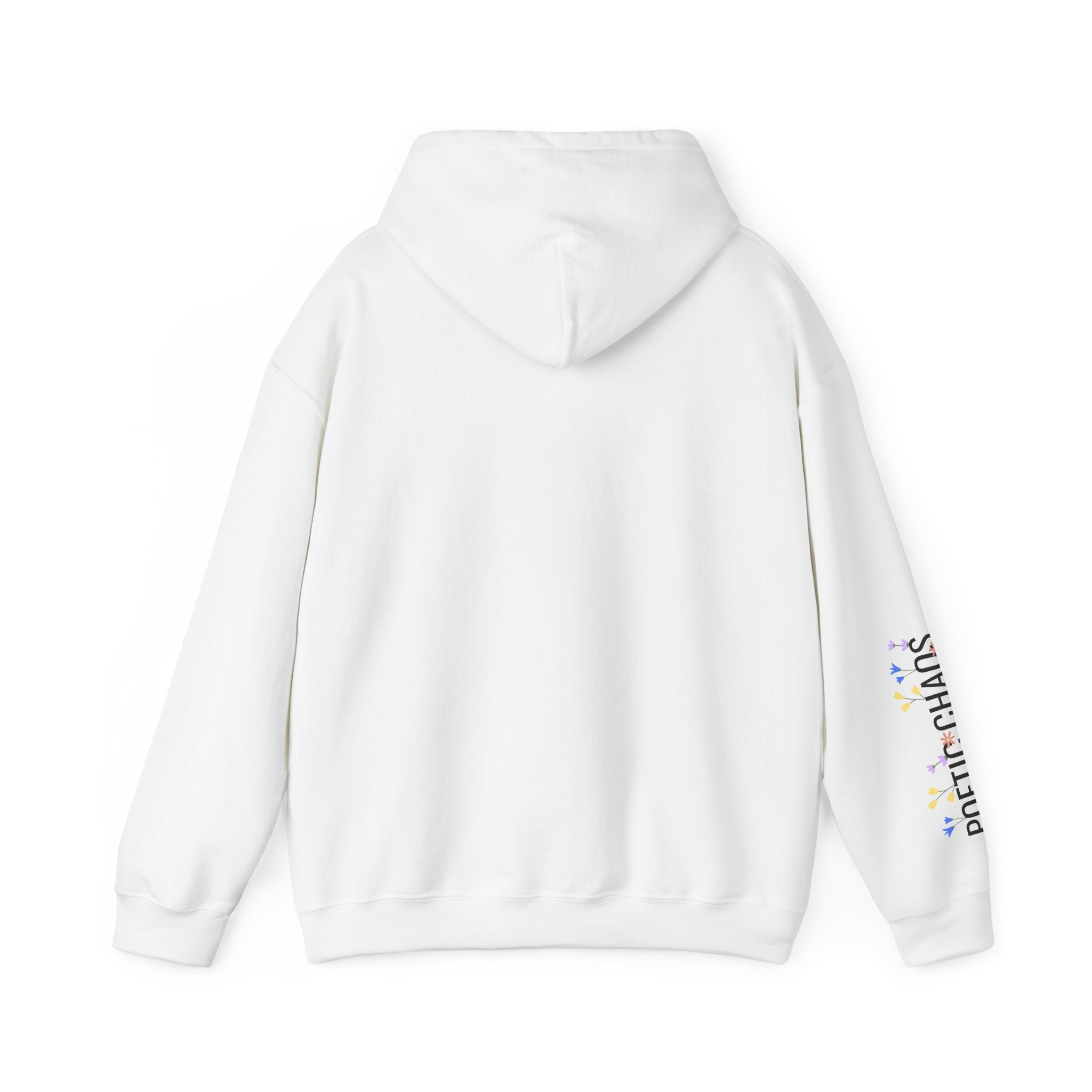 Poetic Chaos Sleeve Logo Hoodie — Minimal White Pullover with 'PC'floral logo