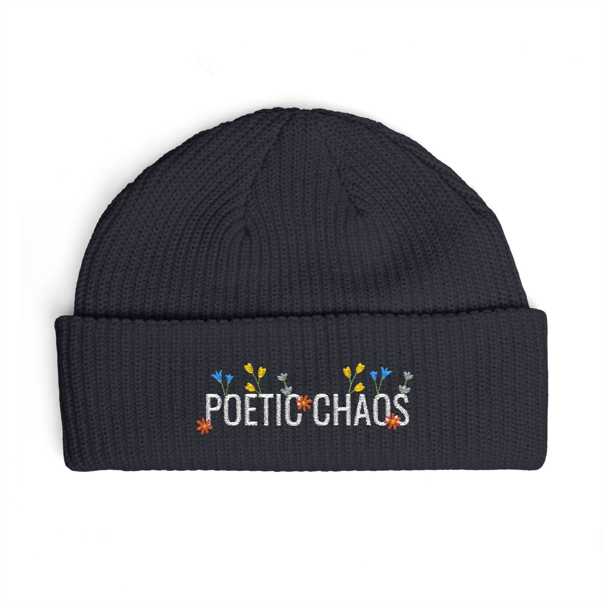Poetic Chaos Cuff Beanie – Embroidered Floral white logo Knit Hat