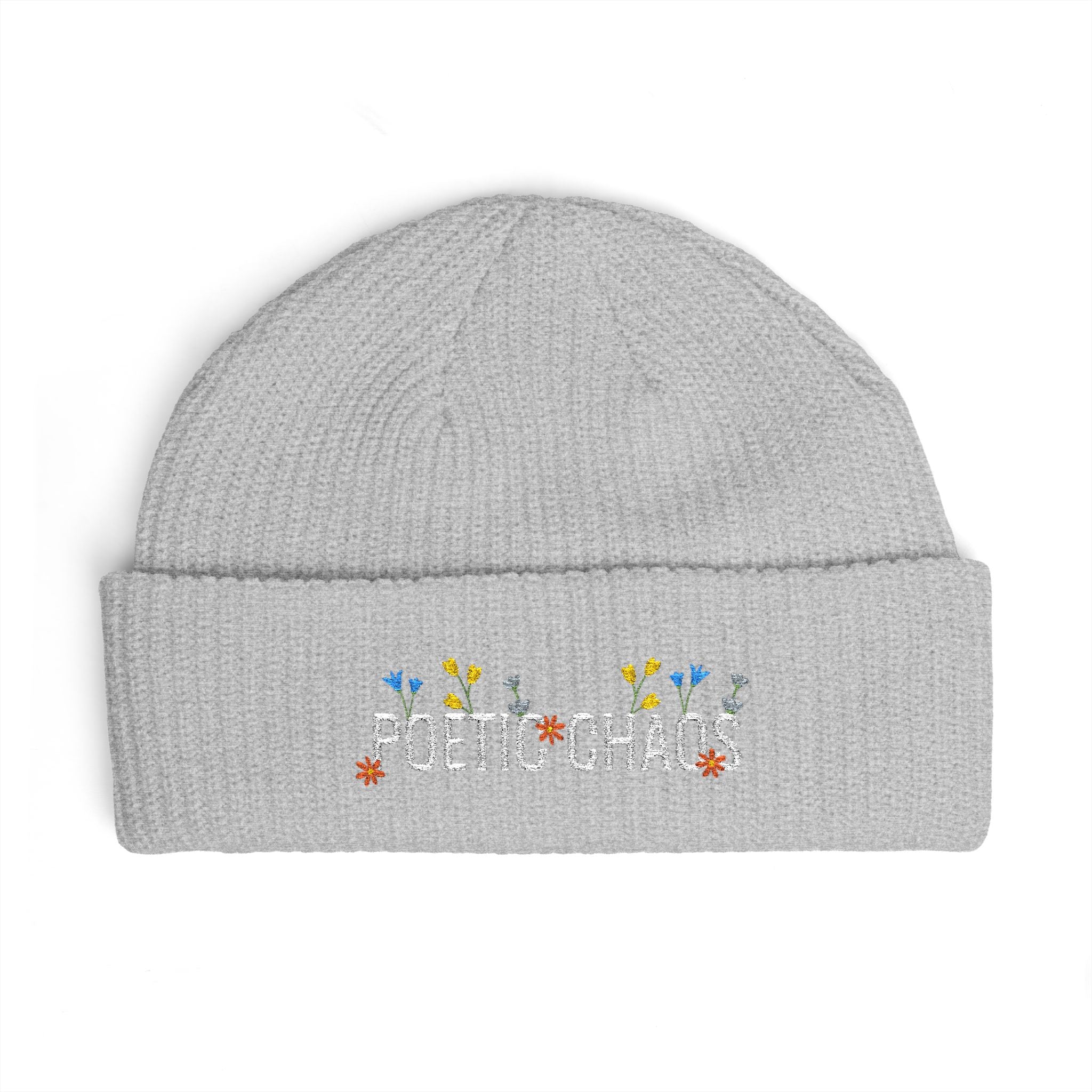 Poetic Chaos Cuff Beanie – Embroidered Floral white logo Knit Hat