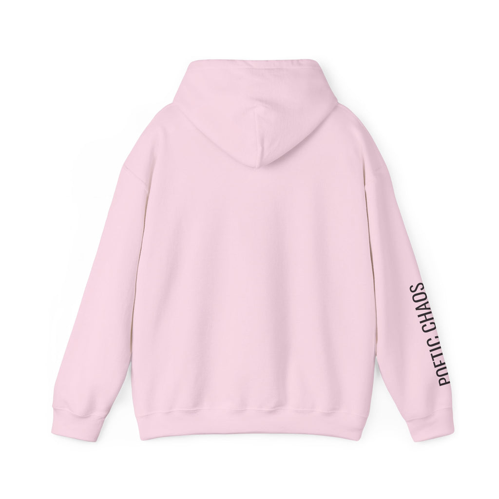 Poetic Chaos Hoodie — Minimal White Pullover with 'POETIC CHAOS' Sleeve Text