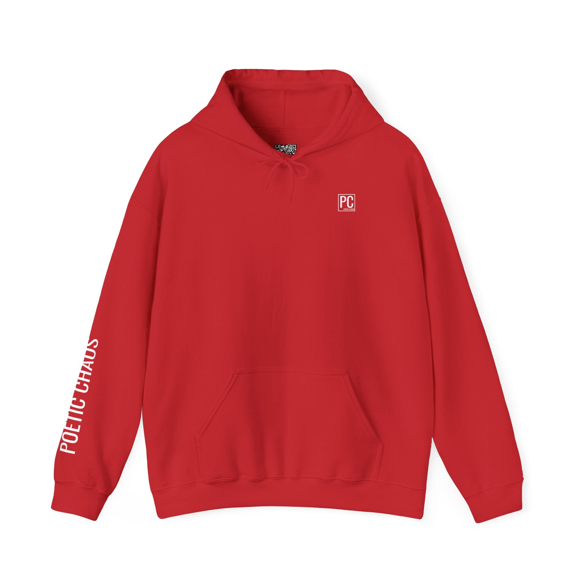 Poetic Chaos Hoodie — Minimal white PC Logo Black Pullover with 'Poetic Chaos' Sleeve