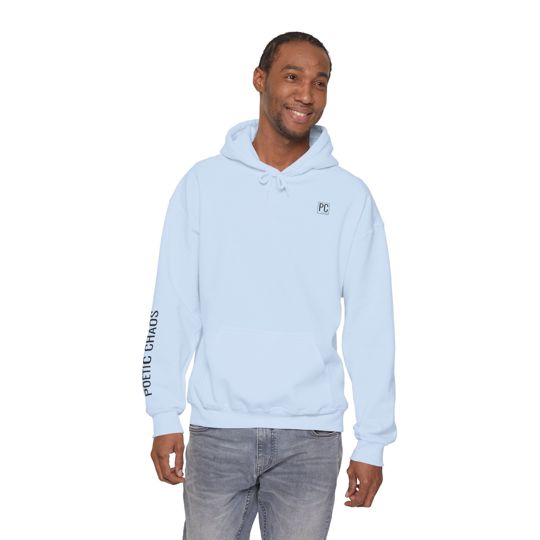 Poetic Chaos Hoodie — Minimal White Pullover with 'POETIC CHAOS' Sleeve Text