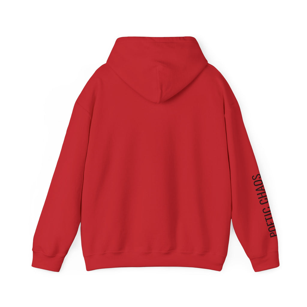 Poetic Chaos Hoodie — Minimal White Pullover with 'POETIC CHAOS' Sleeve Text