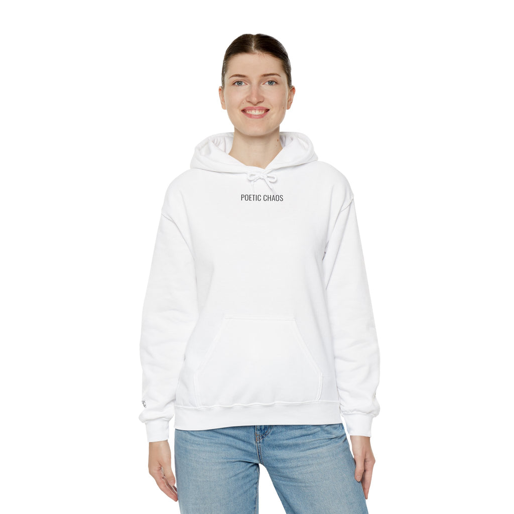Poetic Chaos Minimalist Hoodie — Small Chest Text Pullover
