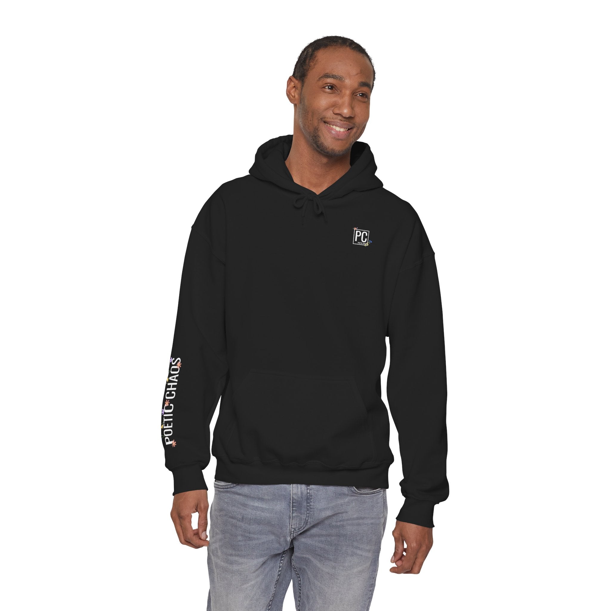 Poetic Chaos Sleeve Hoodie – Minimal white floral Logo Pullover