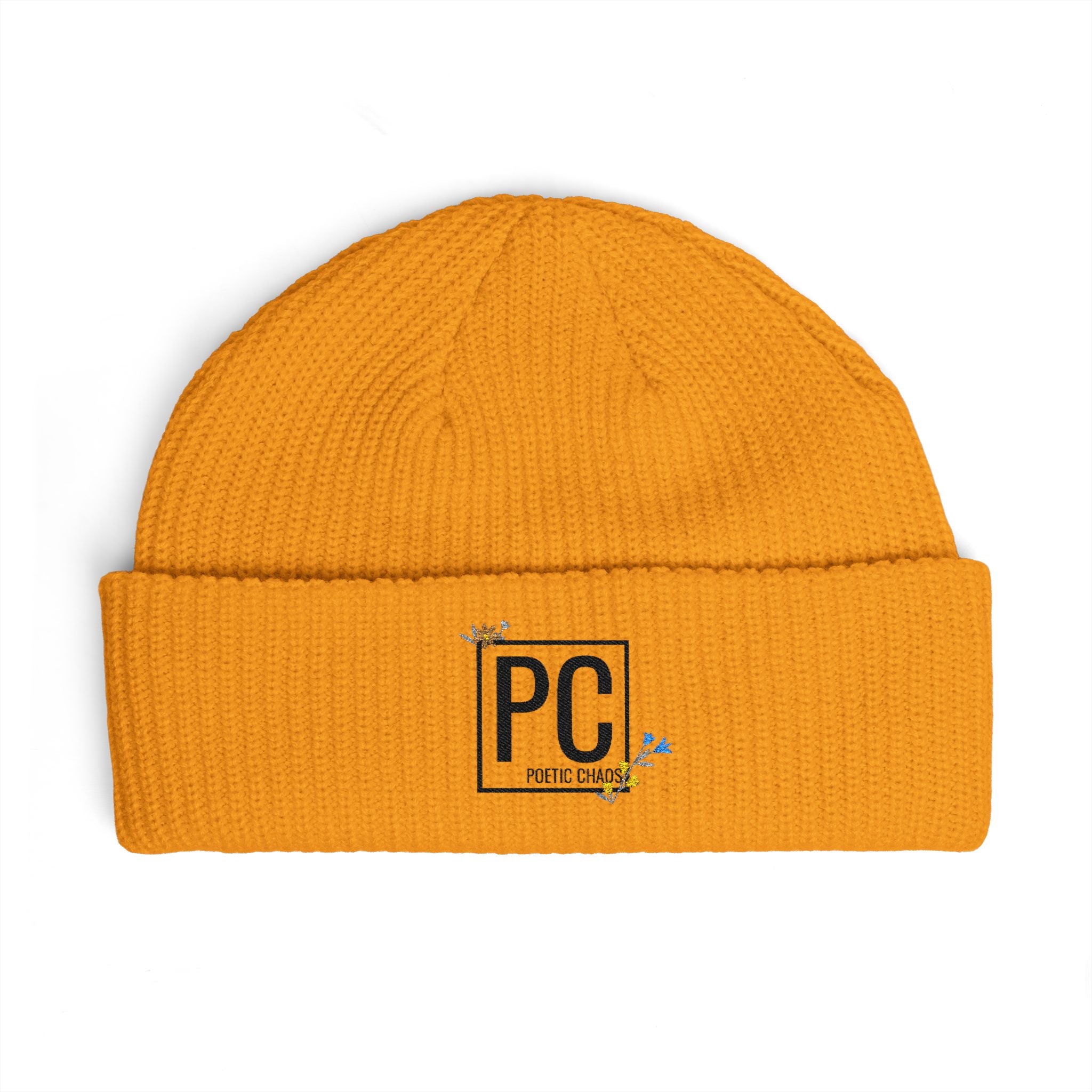 Cuff Beanie - 'PC' Logo Embroidered Knit Hat with Tiny Bee Accents