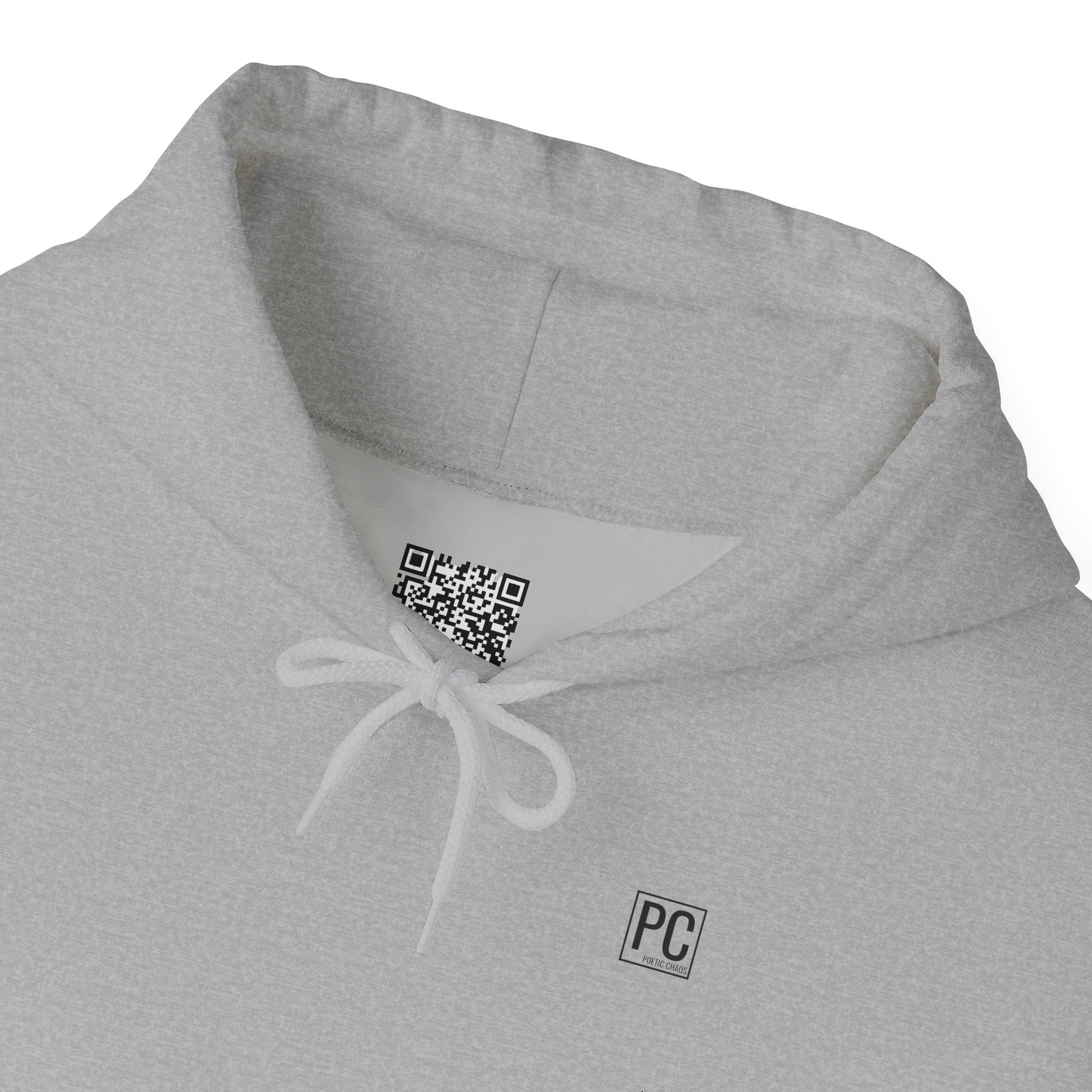 Poetic Chaos Hoodie — Minimal White Pullover with 'POETIC CHAOS' Sleeve Text