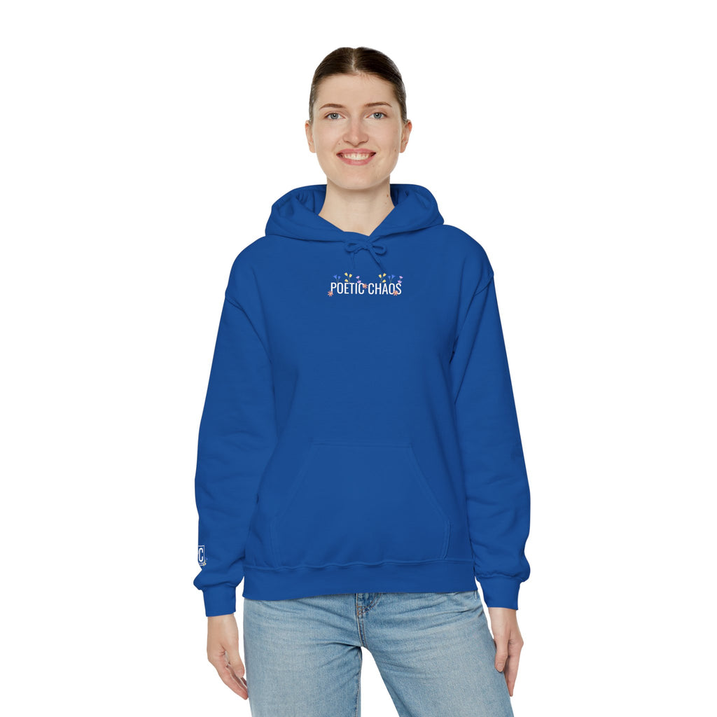 Poetic Chaos Hoodie — Small Chest white floral Logo & Sleeve Emblem