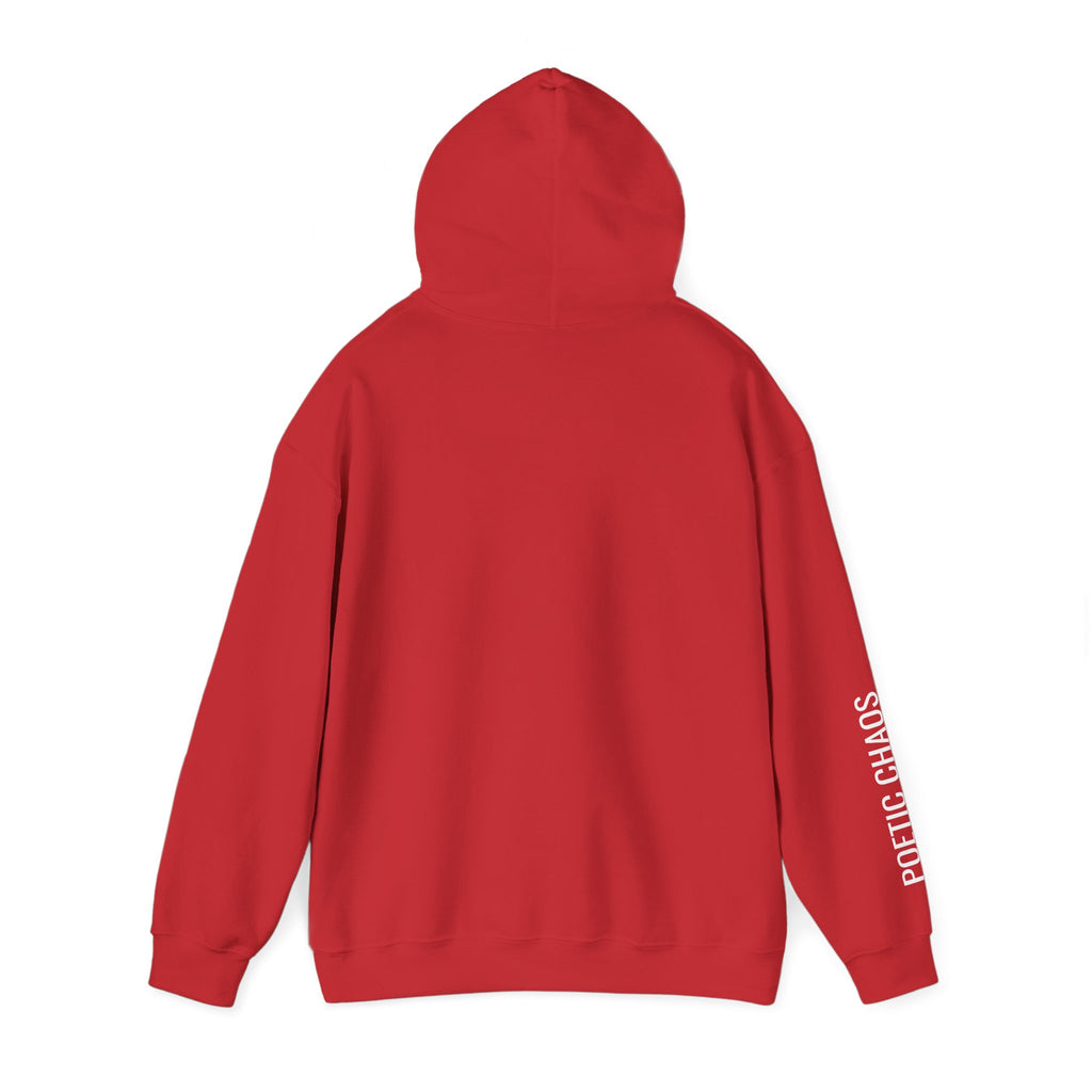 Poetic Chaos Hoodie — Minimal white PC Logo Black Pullover with 'Poetic Chaos' Sleeve